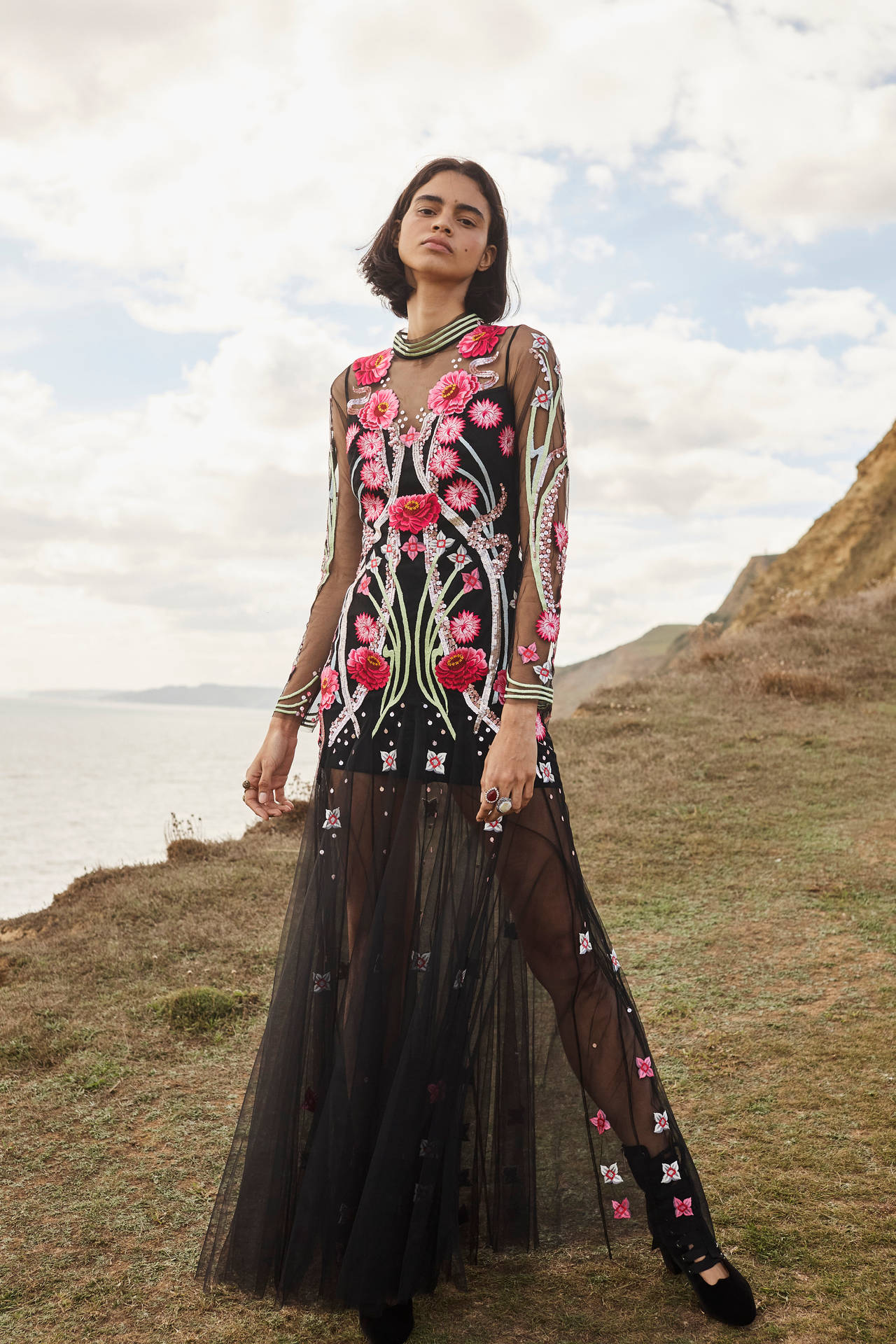 Elegant Temperley London Black Dress With Floral Embroidery Background