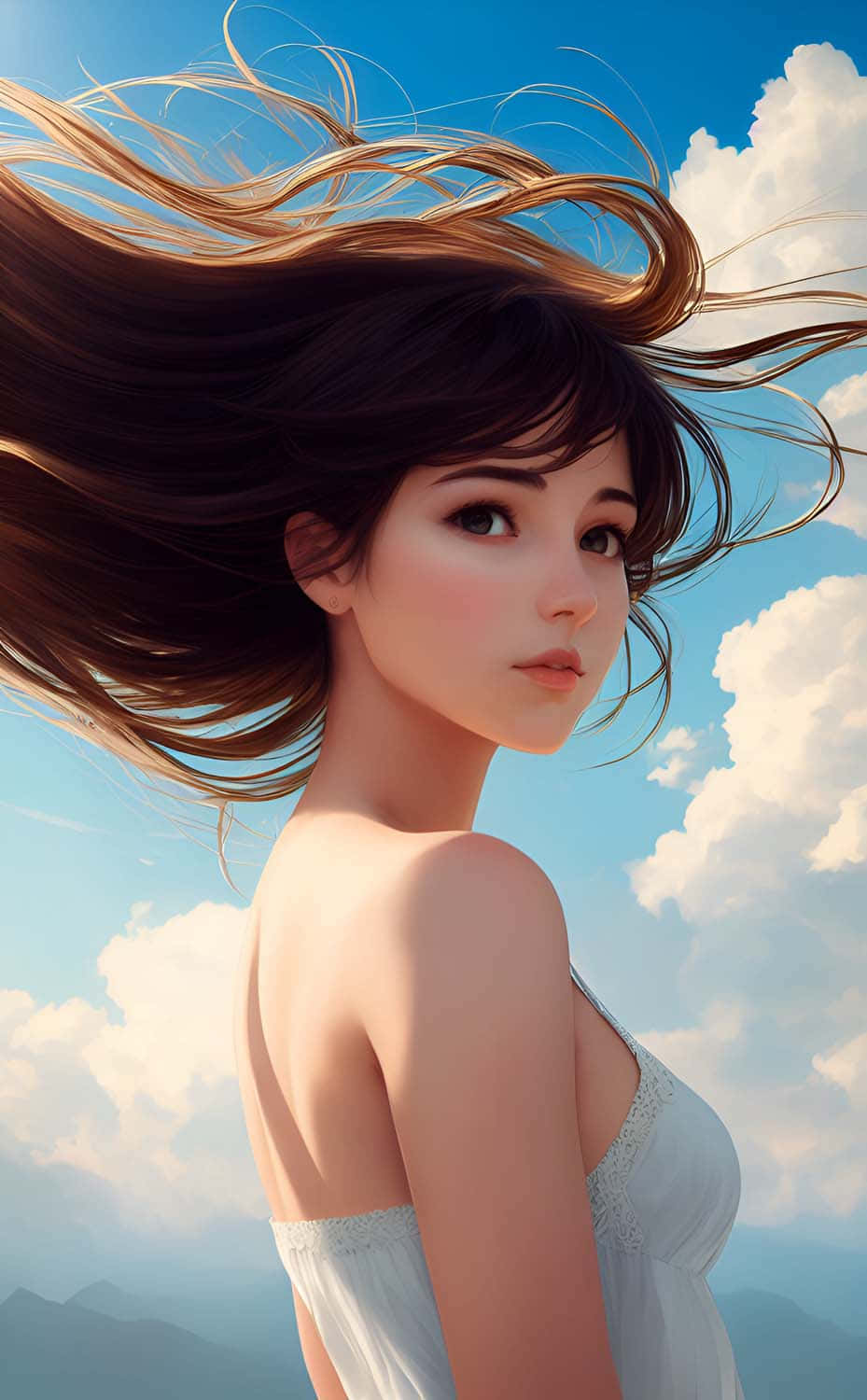 Elegant Woman Flowing Hair Sky Background