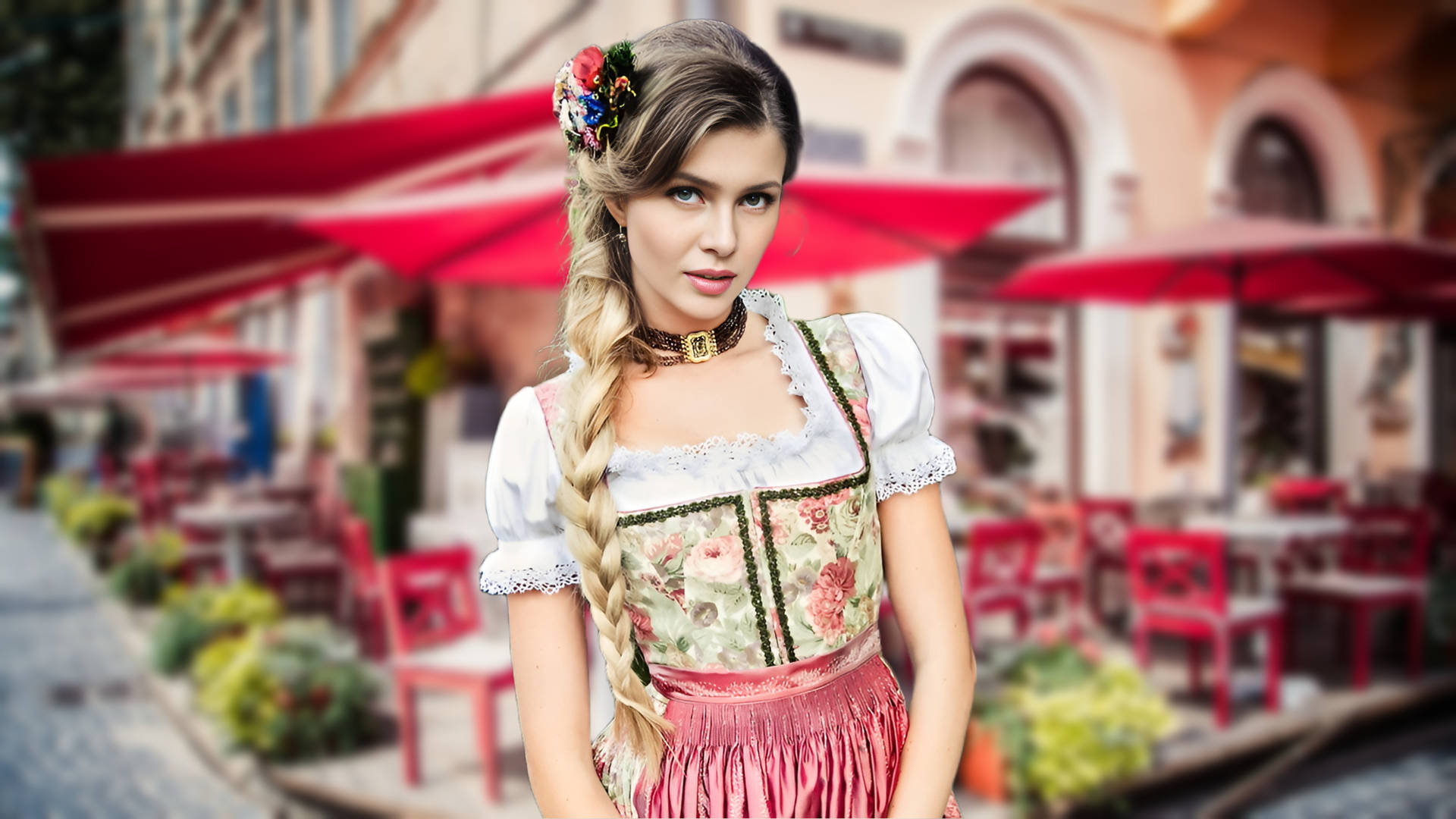 Elegant Woman In Traditional Dirndl Dress Celebrating Oktoberfest Background