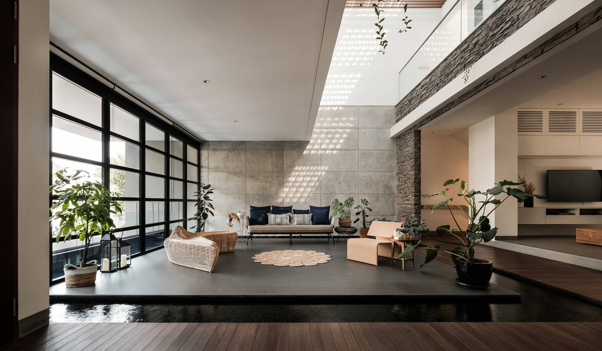Elegantly Stylish Living Room With Embossed Flooring Background