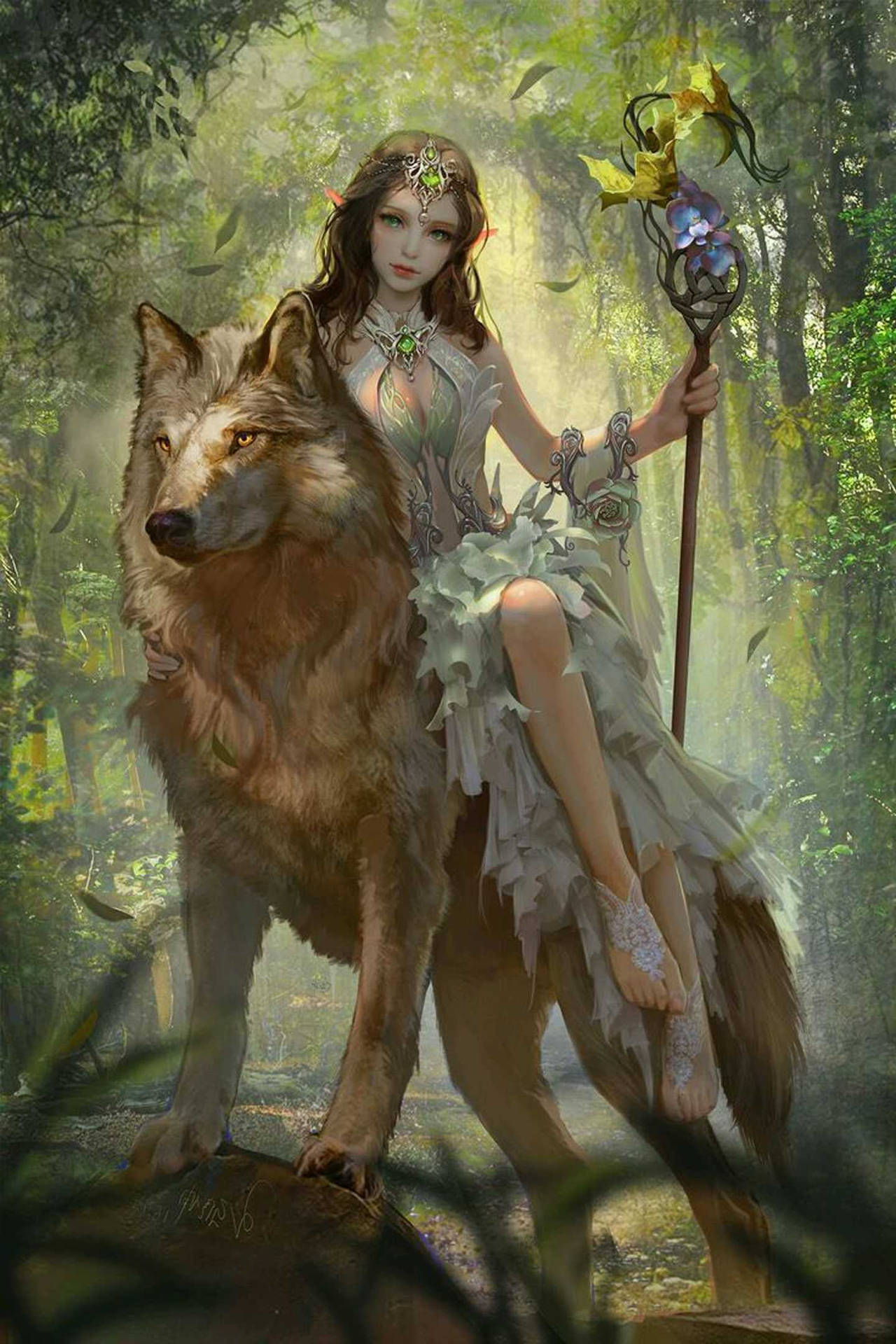 Elf Priestess On Wolf Background