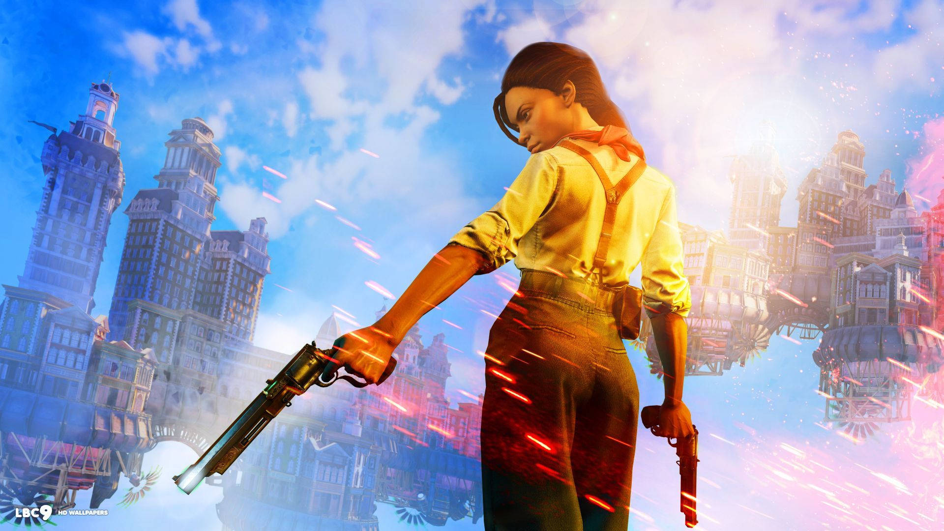 Elizabeth And Booker Dewitt Battle The Airborne City Of Columbia, In Bioshock Infinite Background