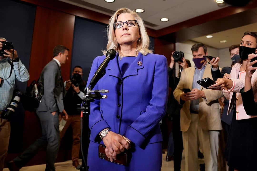 Elizabeth Cheney Standing Before Press Background