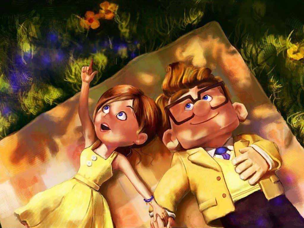 Ellie And Carl From Up Movie In Yellow Attire Background