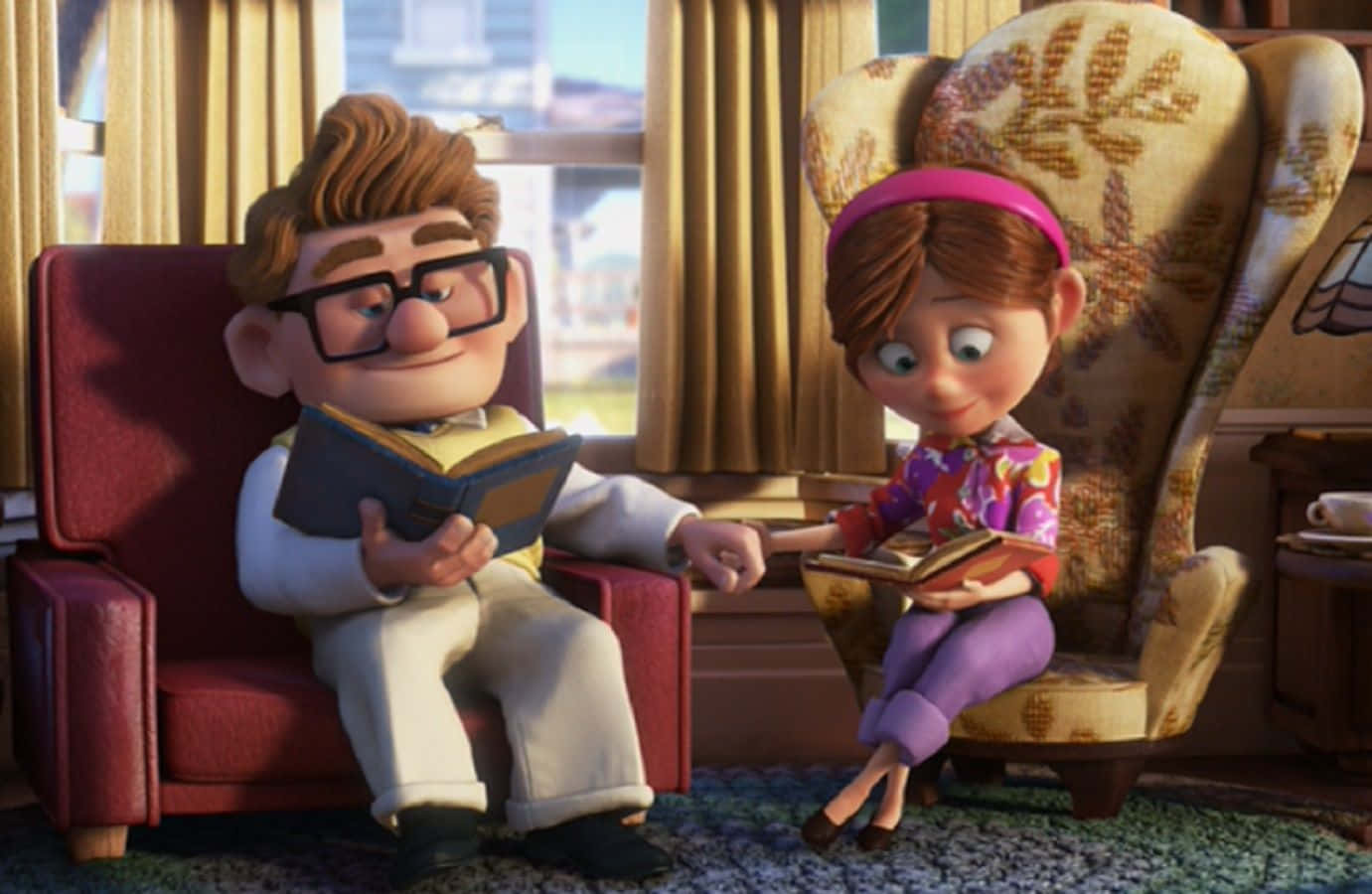 Ellie And Carl Holding Hands And Reading In Up Movie Background