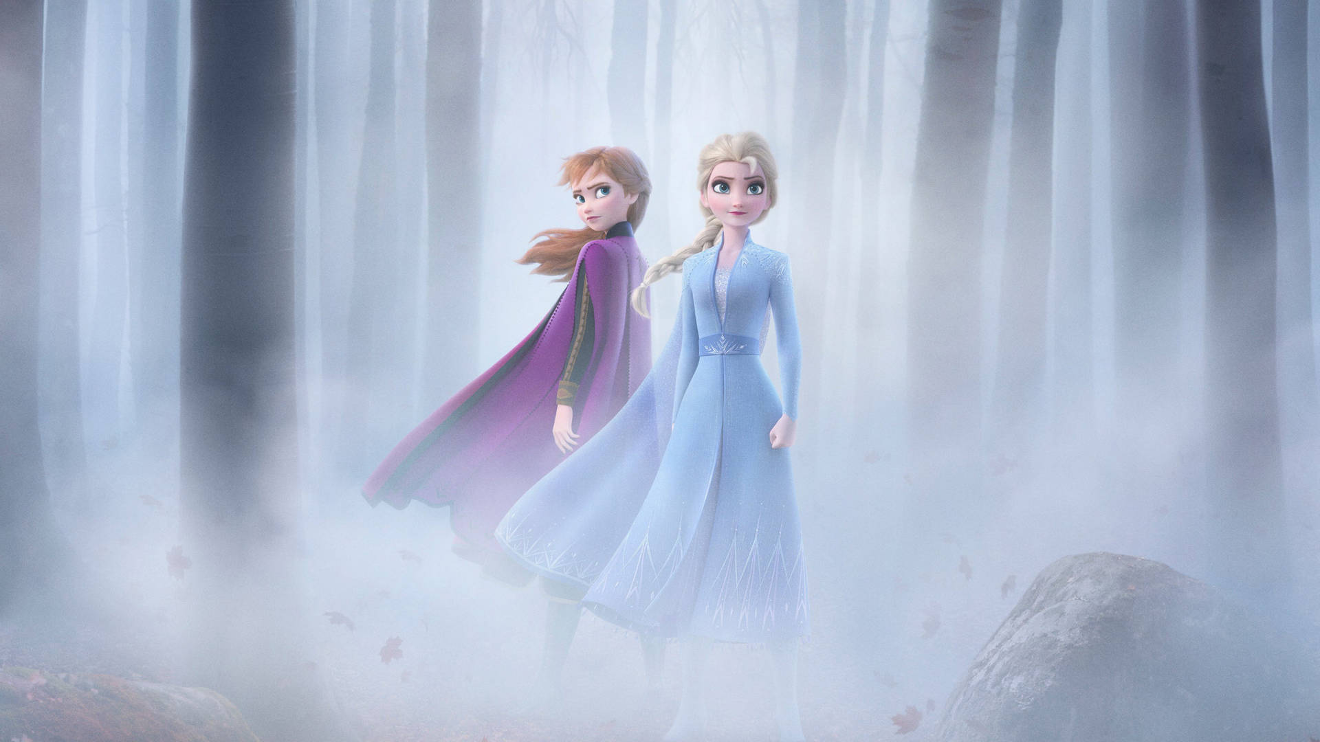 Elsa And Anna Foggy Forest Background