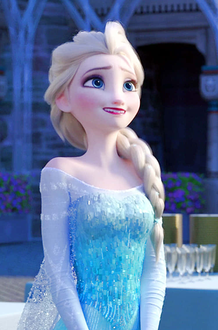 Elsa In Frozen Dress Standing In Front Of A Fountain Background