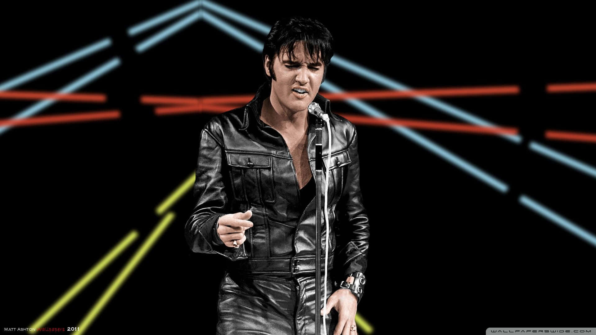 Elvis Presley In Leather Jacket And A Microphone Background