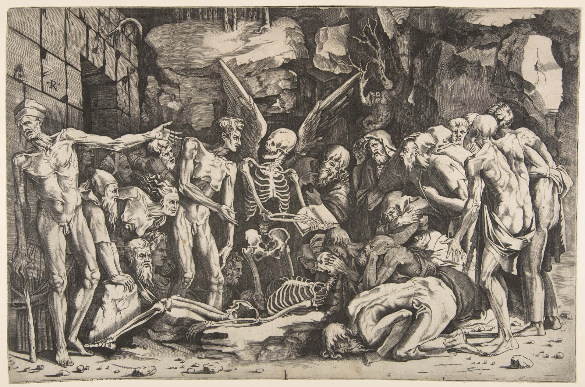 Emaciated People Gathered Around Death Background