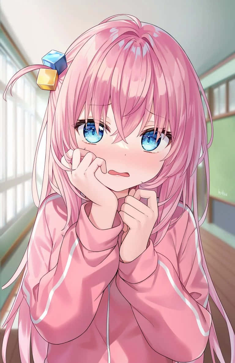 Embarrassed Anime Girlin Pink Background