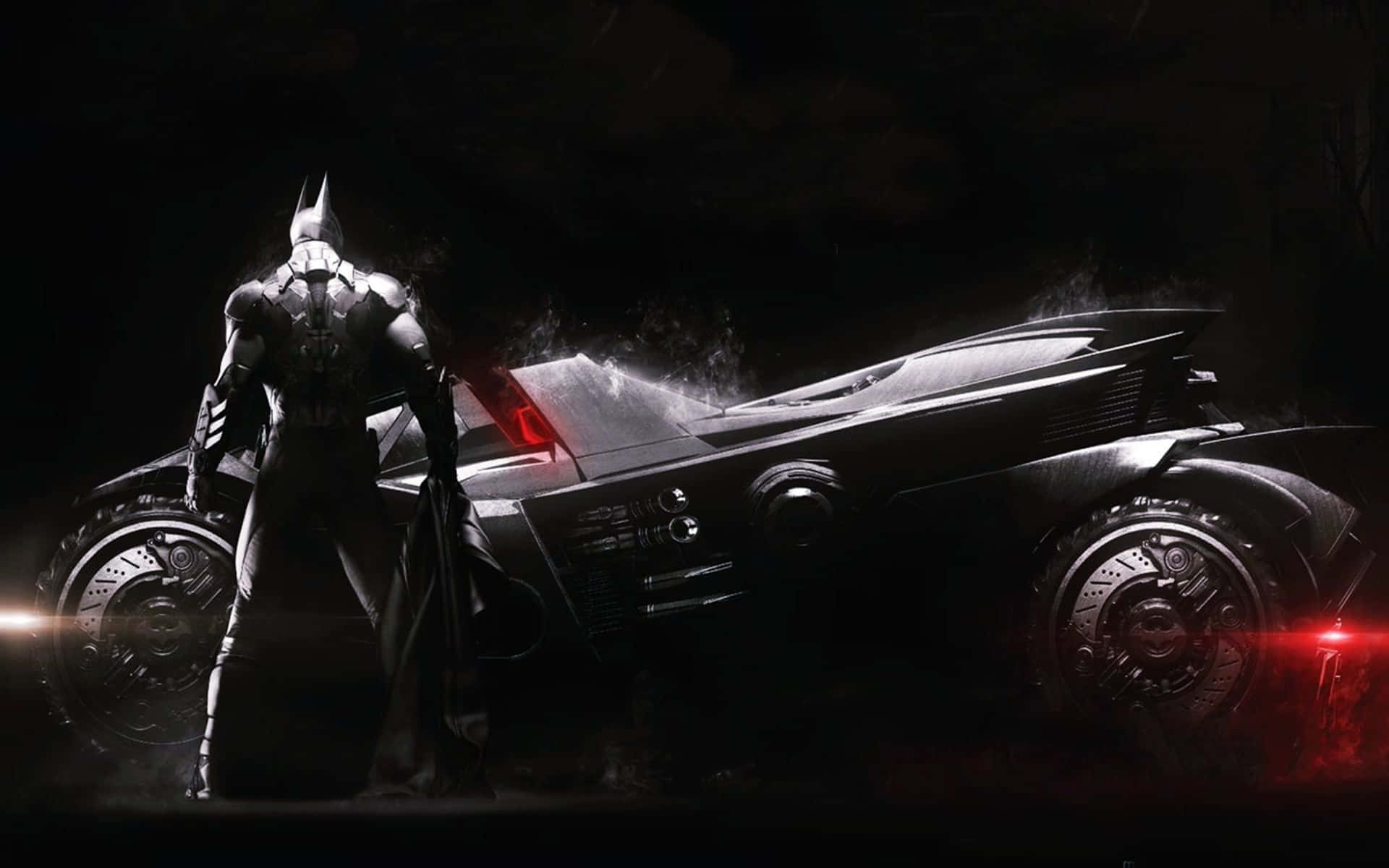 Emblazoned With A Fierce Impact, The Batmobile Roars Down The Street Ready For Battle. Background