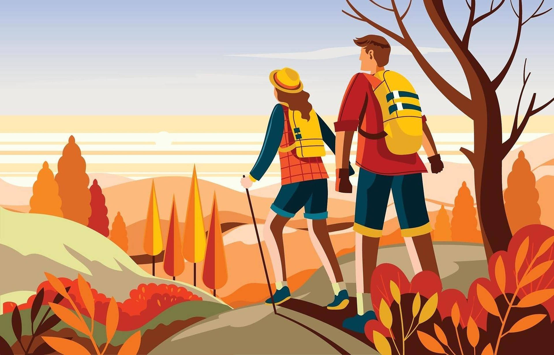 Embracing The Wilderness: Hiking Adventure Illustration Background