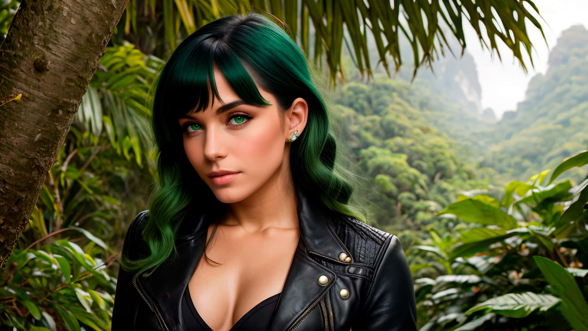 Emerald Haired Womanin Leather Jacket