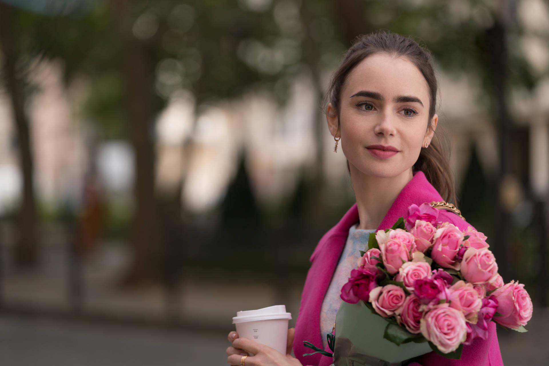 Emily Bloom In Paris, Strolling With Pink Roses. Background