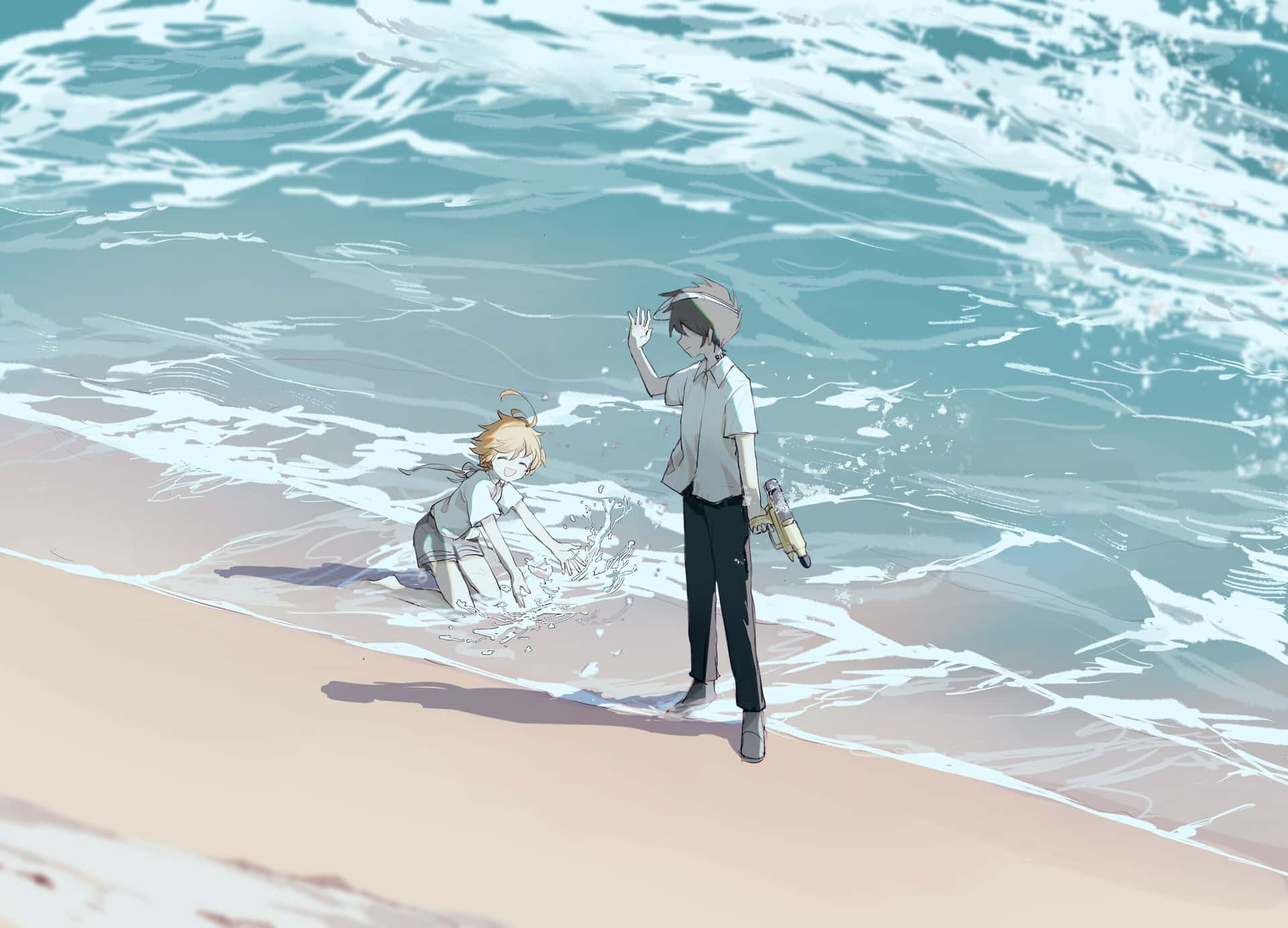 Emma And Ray The Promised Neverland On Beach Background