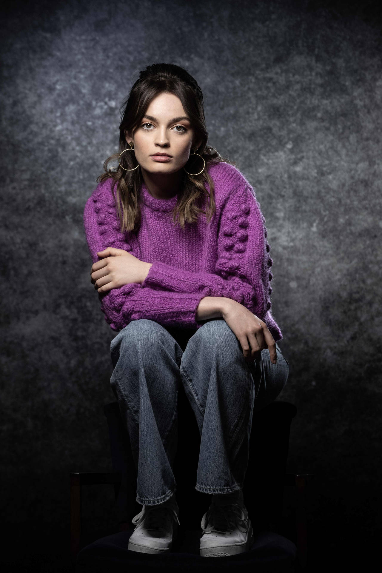 Emma Mackey Purple Sweater Background