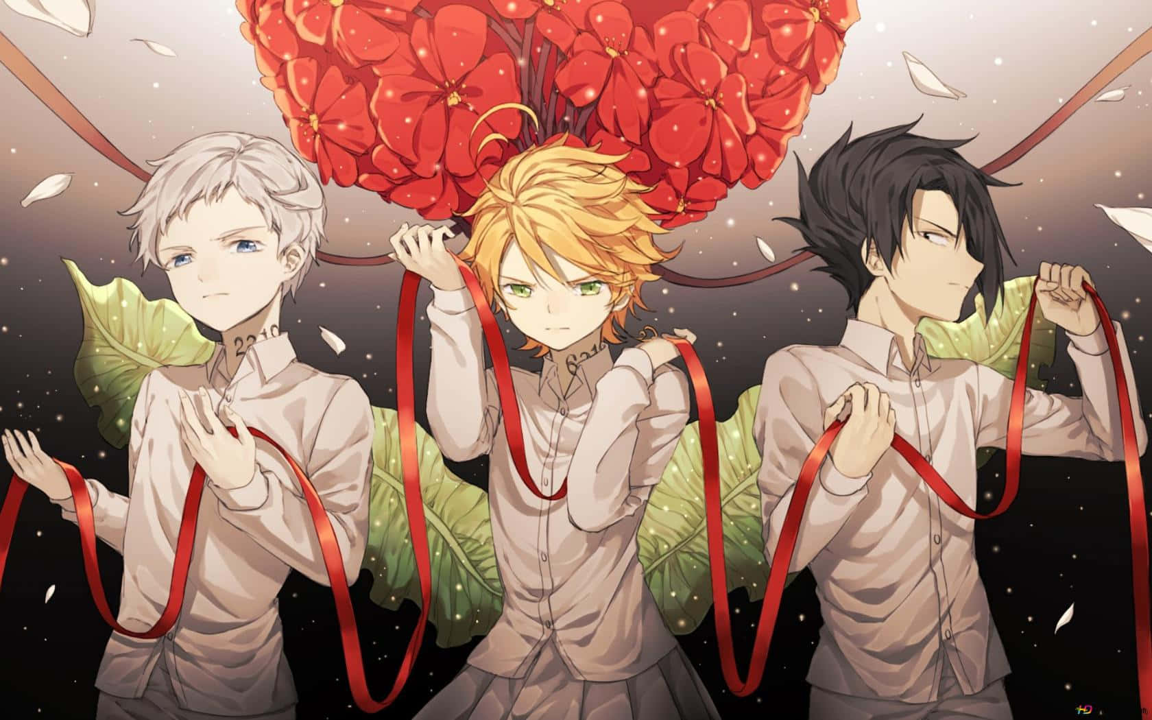 Emma Norman And Ray The Promised Neverland With Ribbon Background