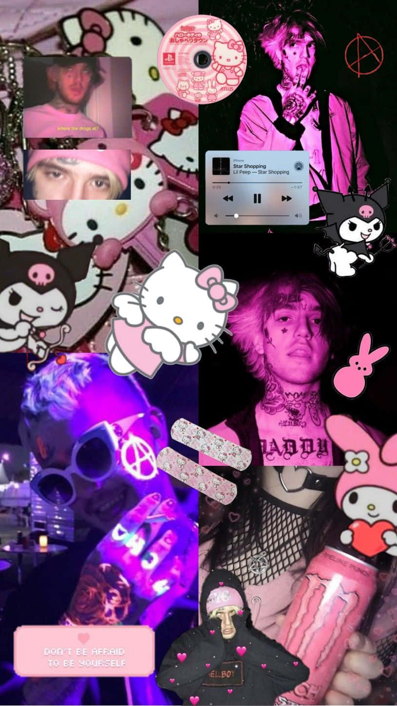 Emo Hello Kitty With A Laptop And Headphones Background