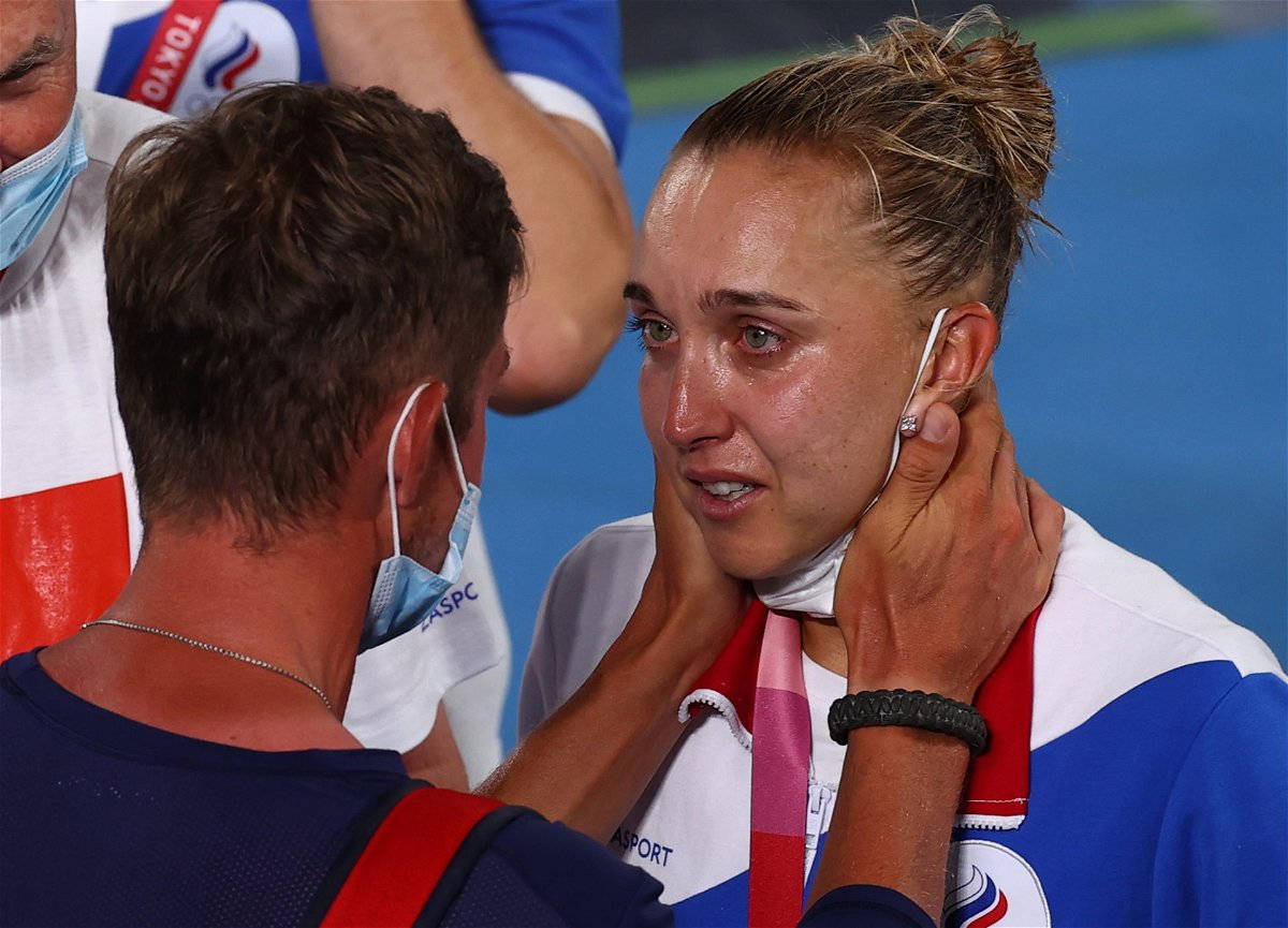 Emotional Moment Of Elena Vesnina On The Tennis Court Background