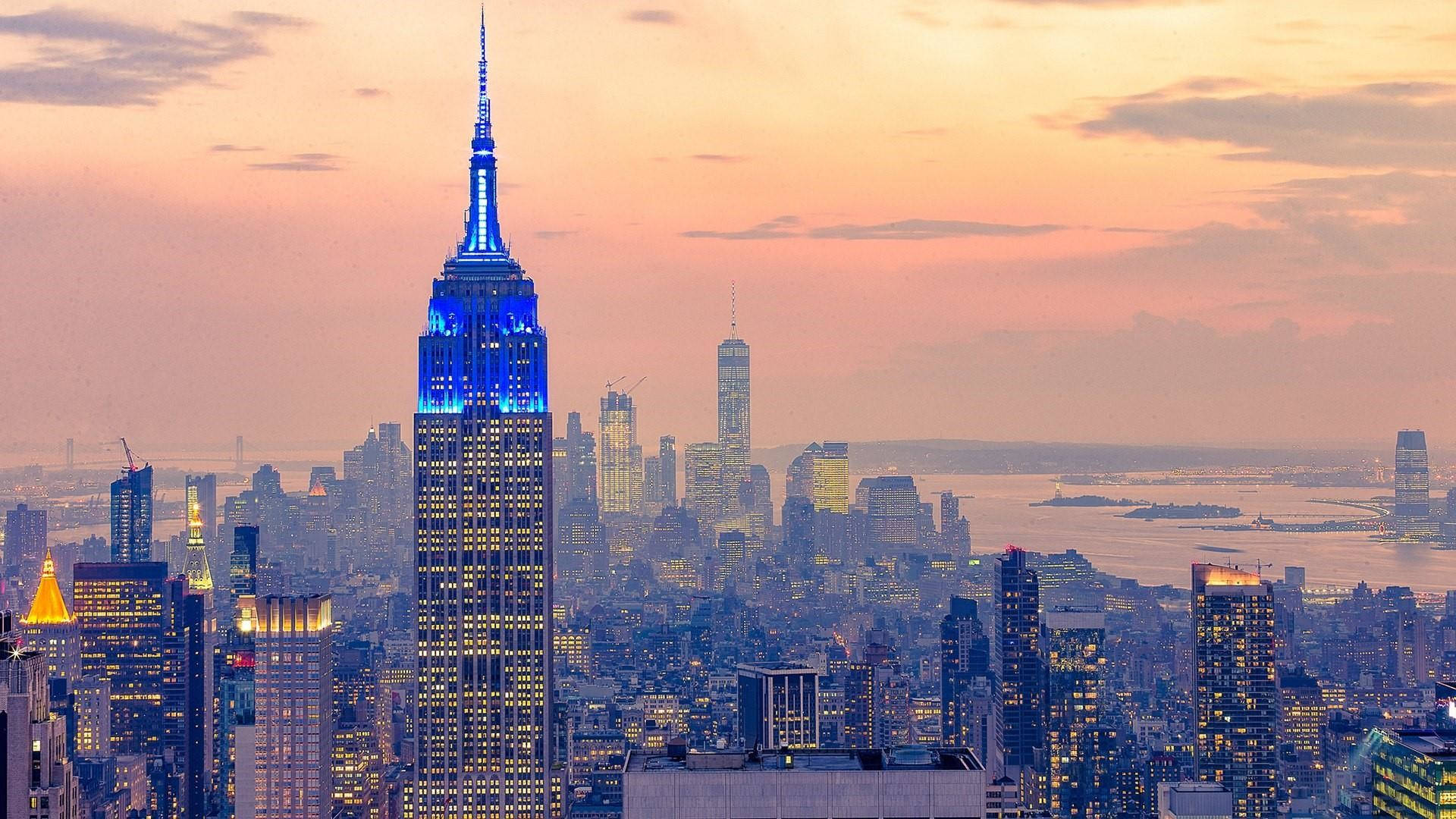 Empire State Building With Blue Lights Background