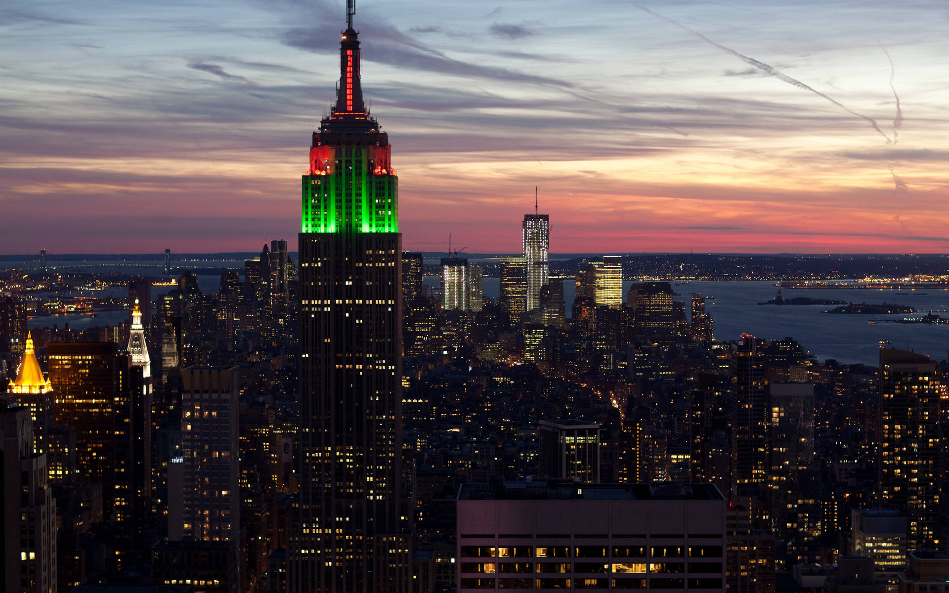 Empire State Building With Green Red Lights