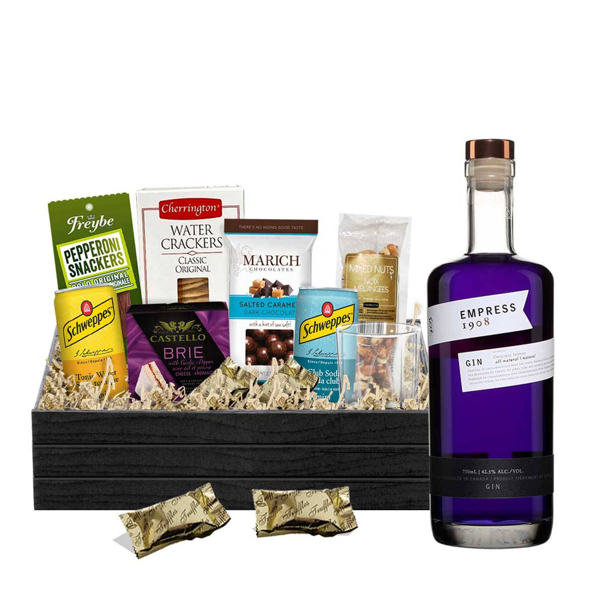 Empress 1908 Gin With Bundle Of Snacks Background