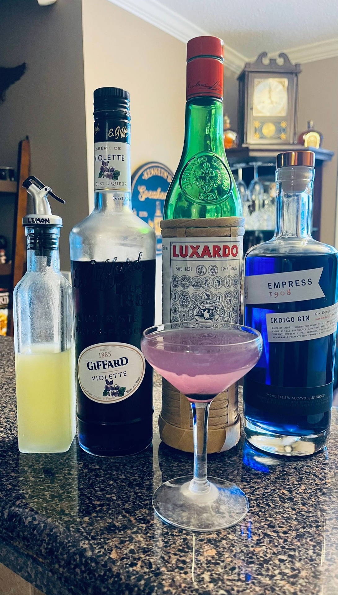 Empress Gin Cocktail With Giffard And Luxardo Background