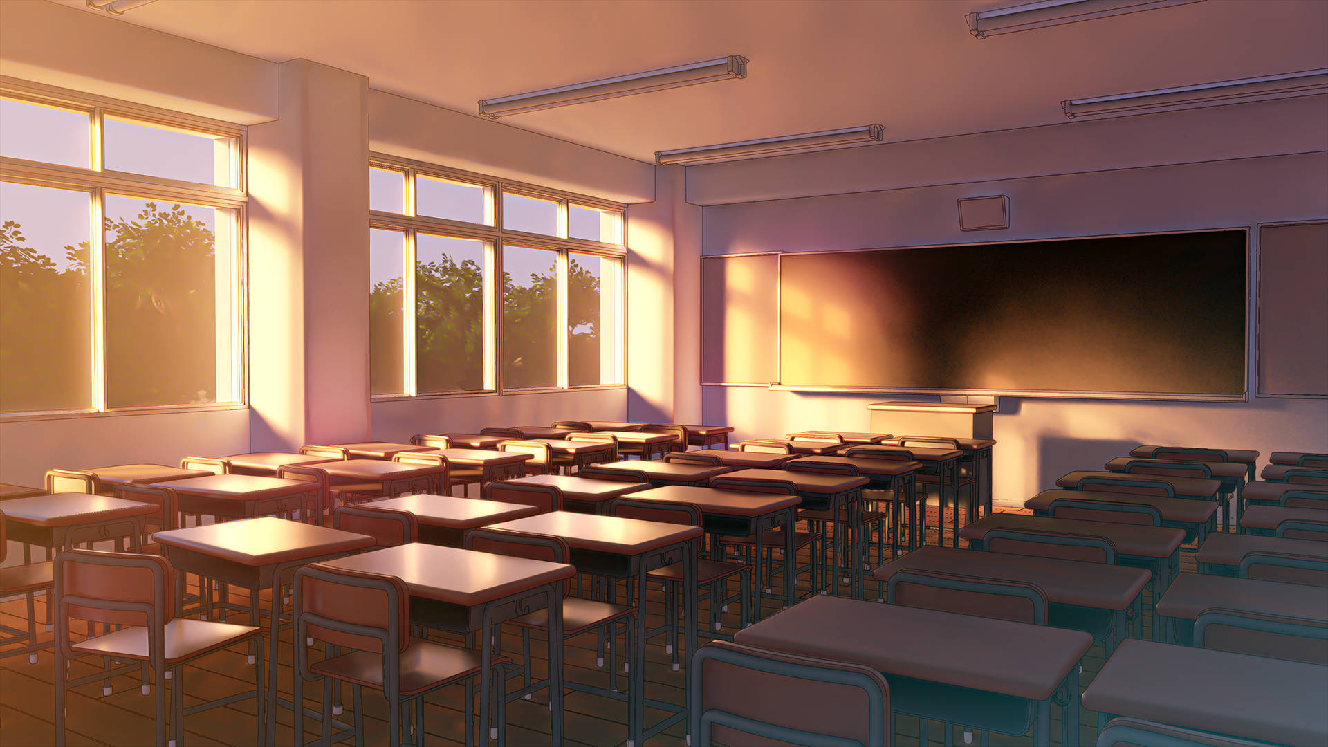 Empty Classroom Bathed With Sunlight Background