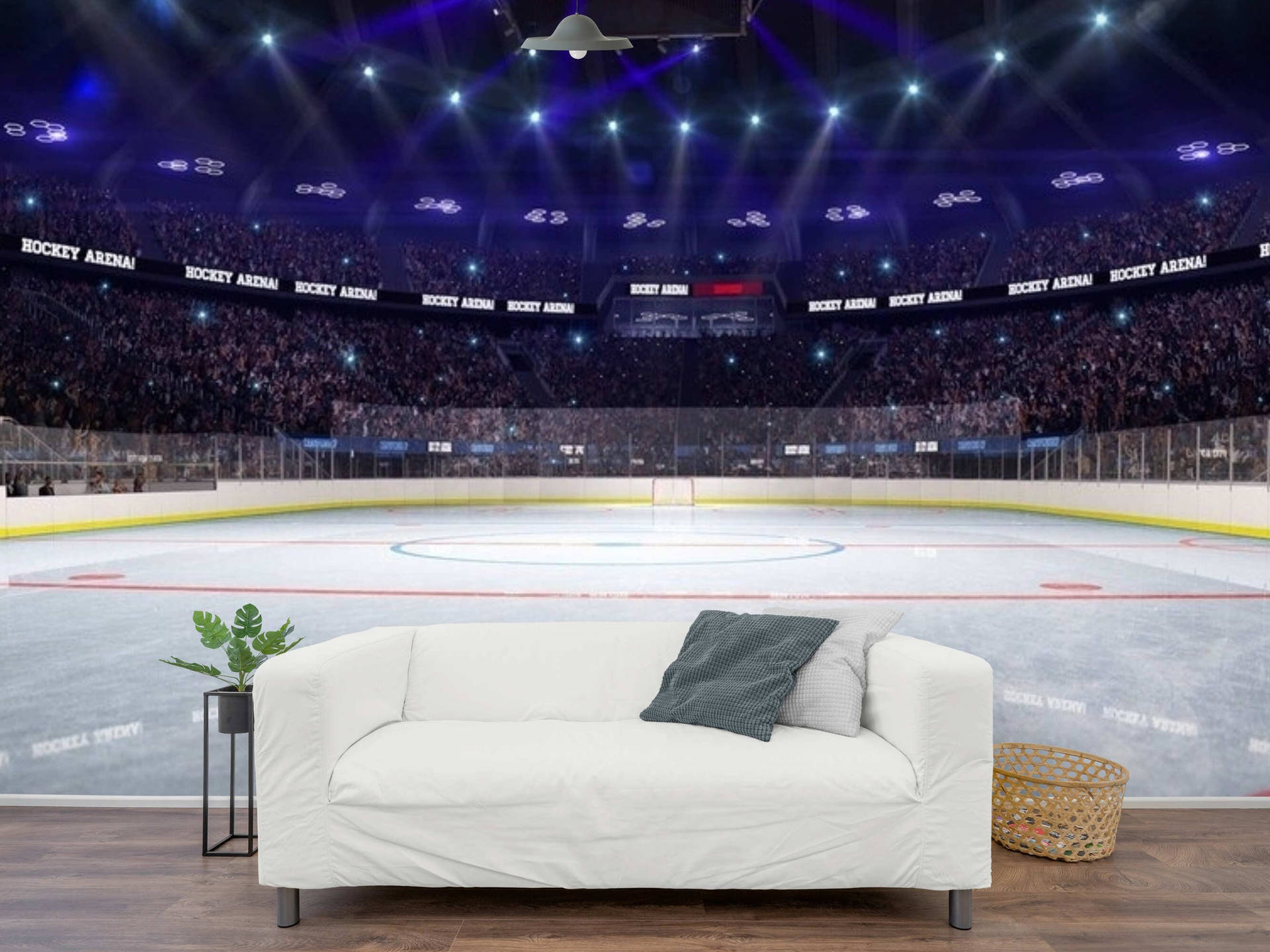 Empty Ice Hockey Stadium With A White Sofa Background