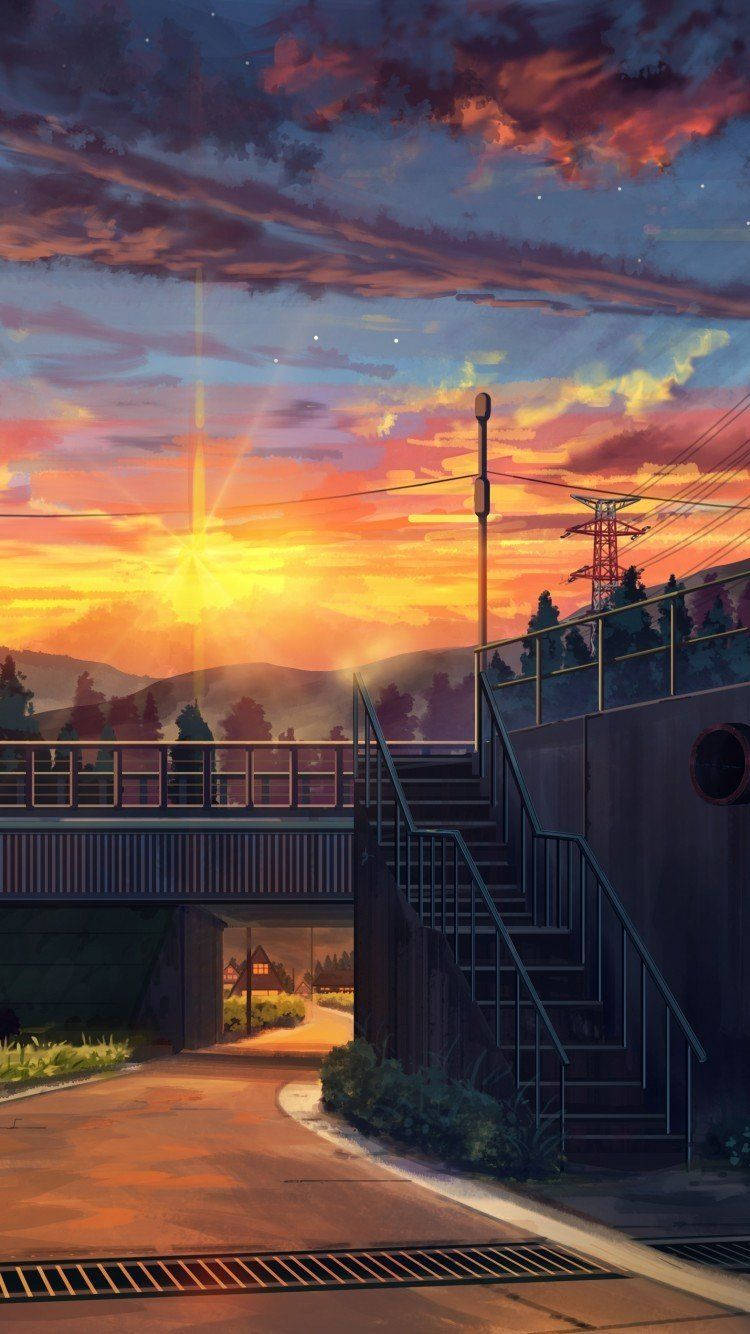 Empty Road Bridge Anime Aesthetic Sunset Background