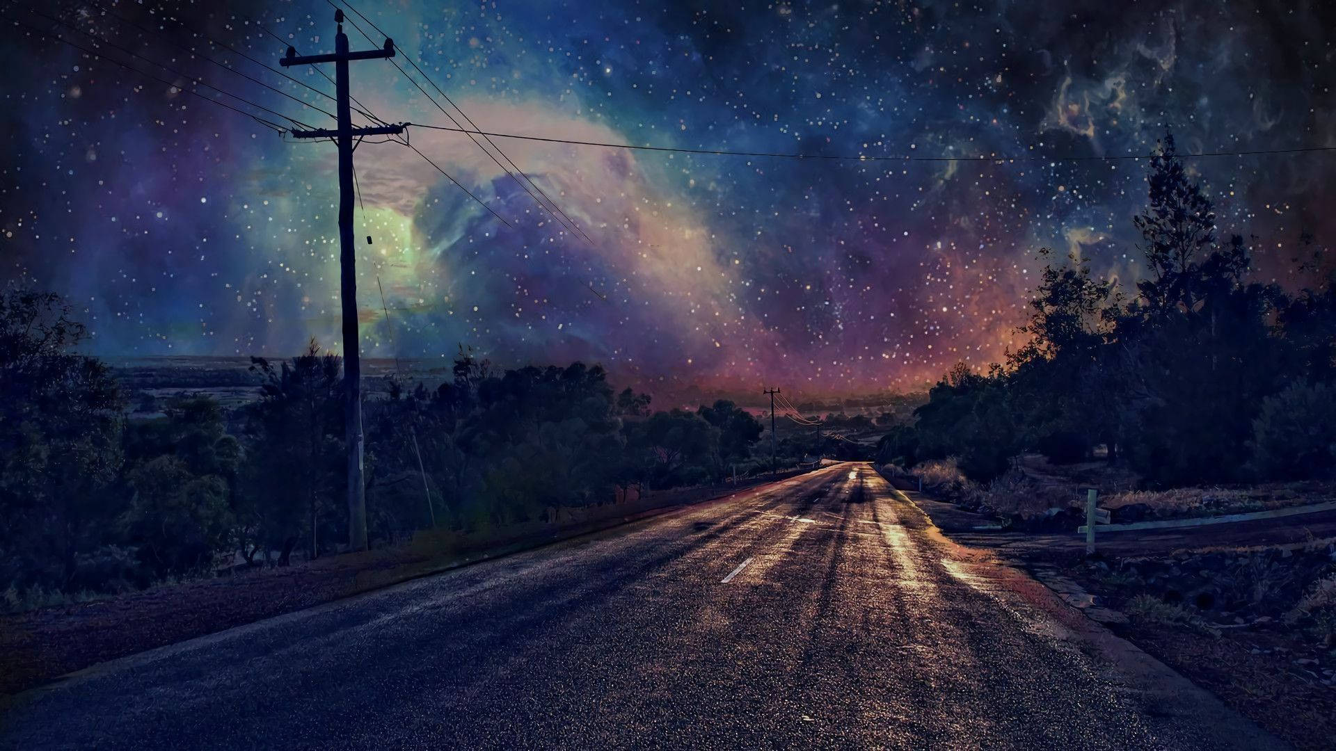 Empty Rural Road Anime Night Sky