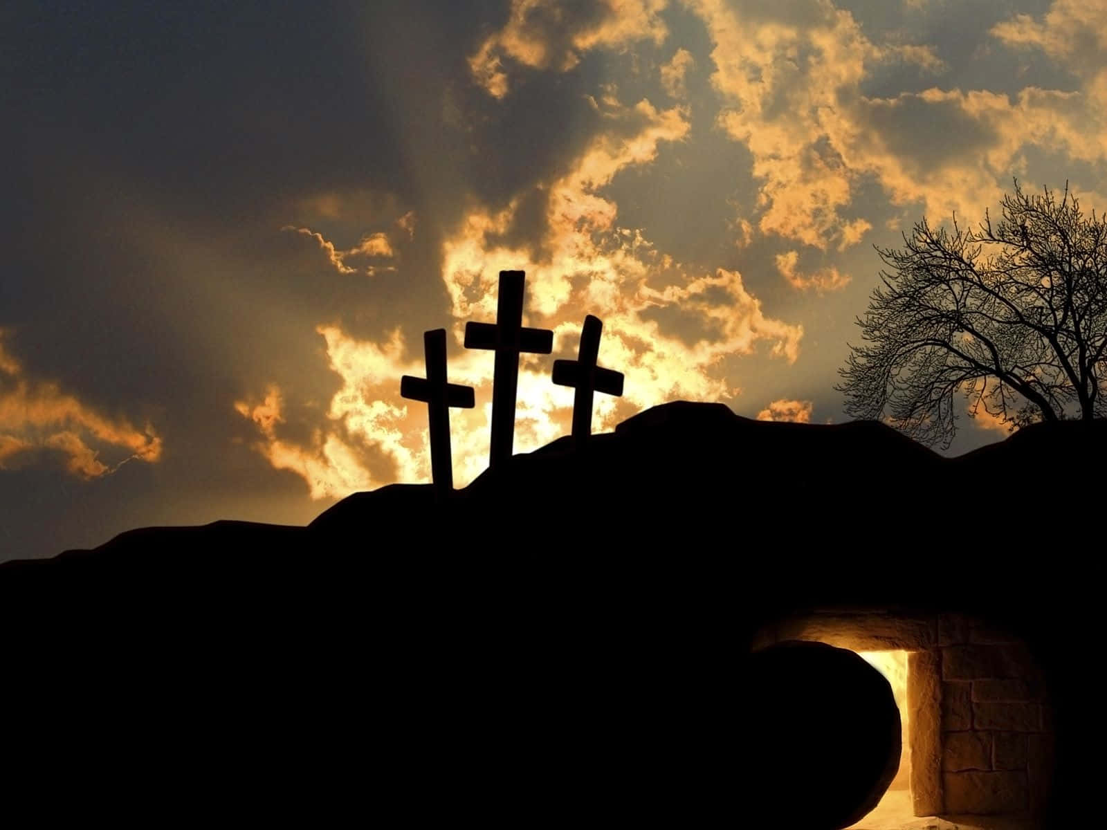 Empty Tomb With Cross Silhouettes Background