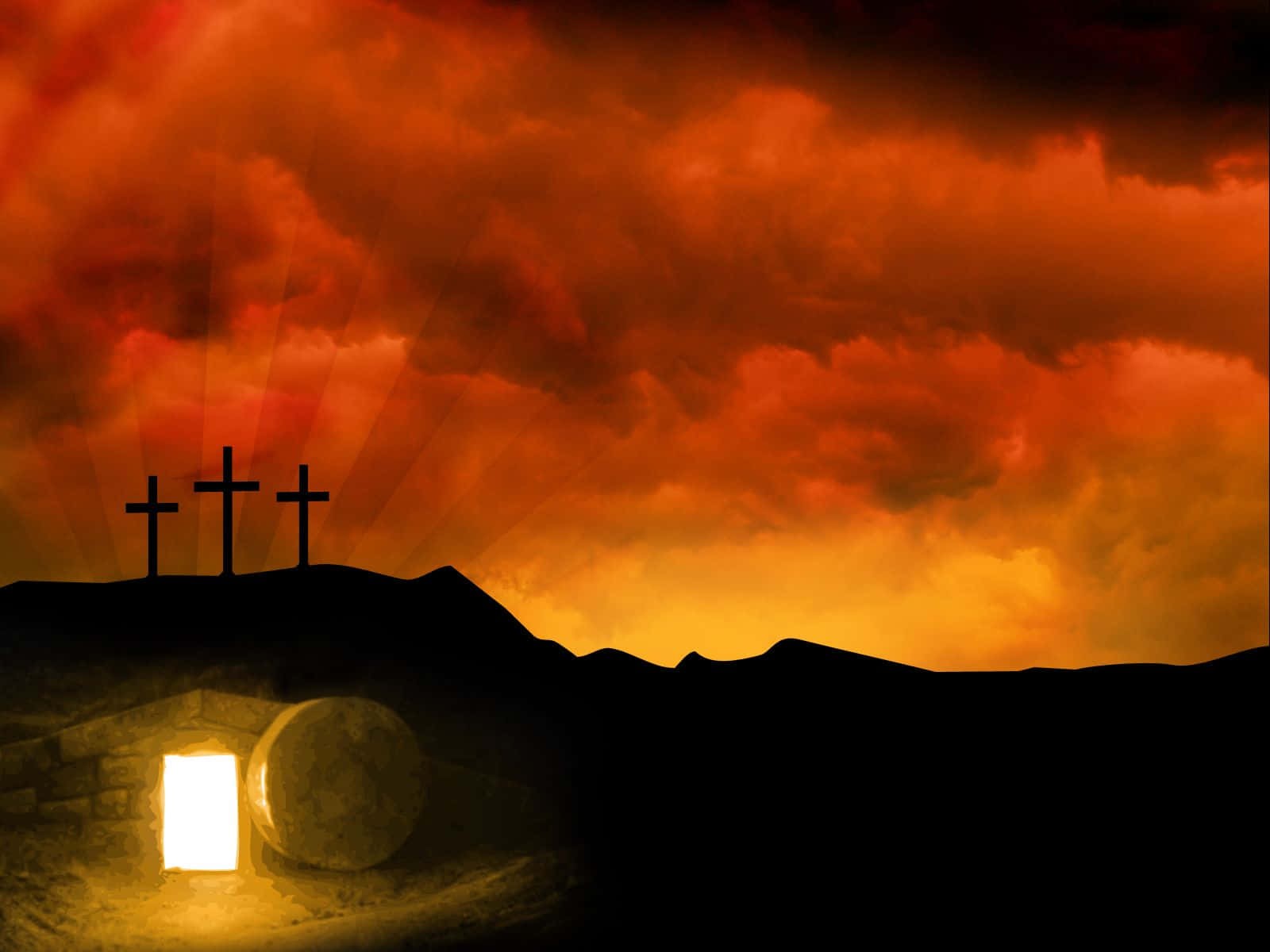 Empty Tomb With Orange Skies Background