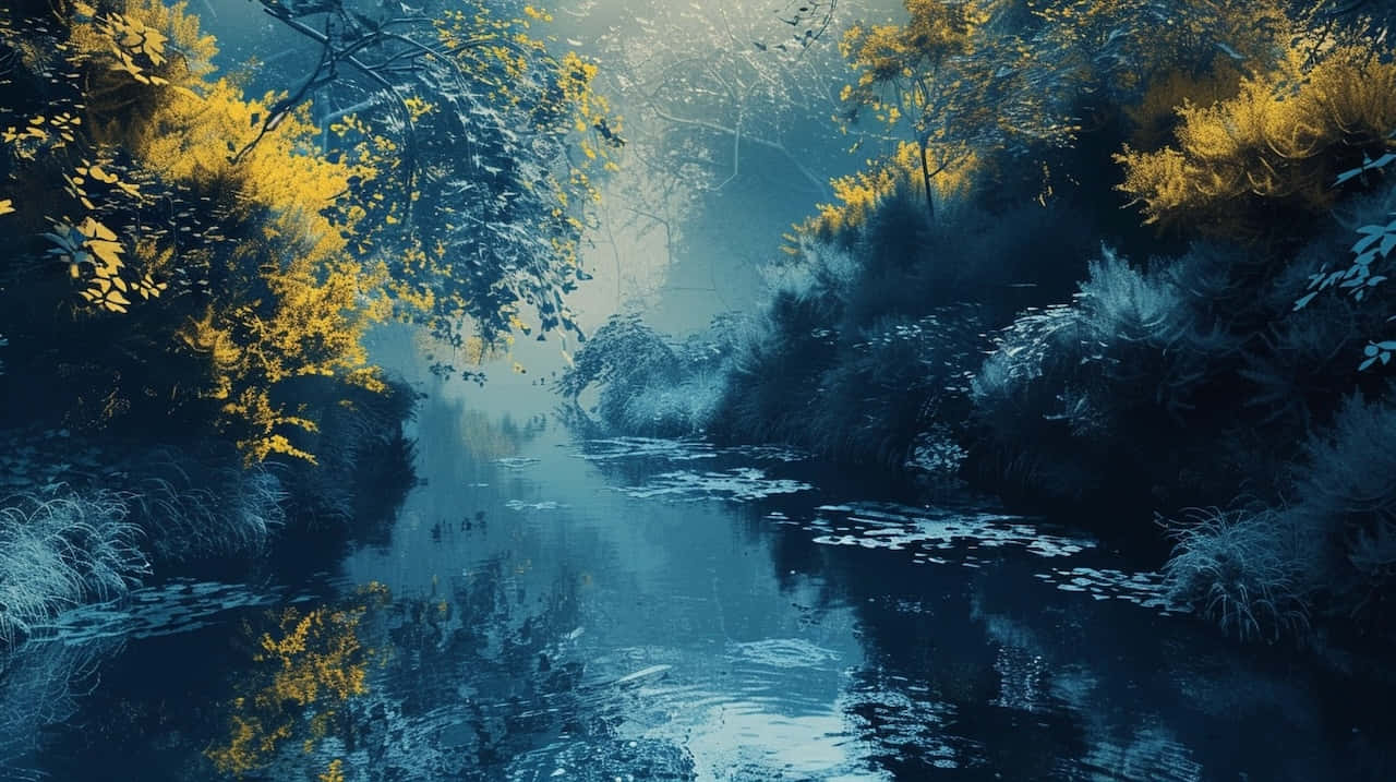 Enchanted Blue Yellow Forest Scene Background
