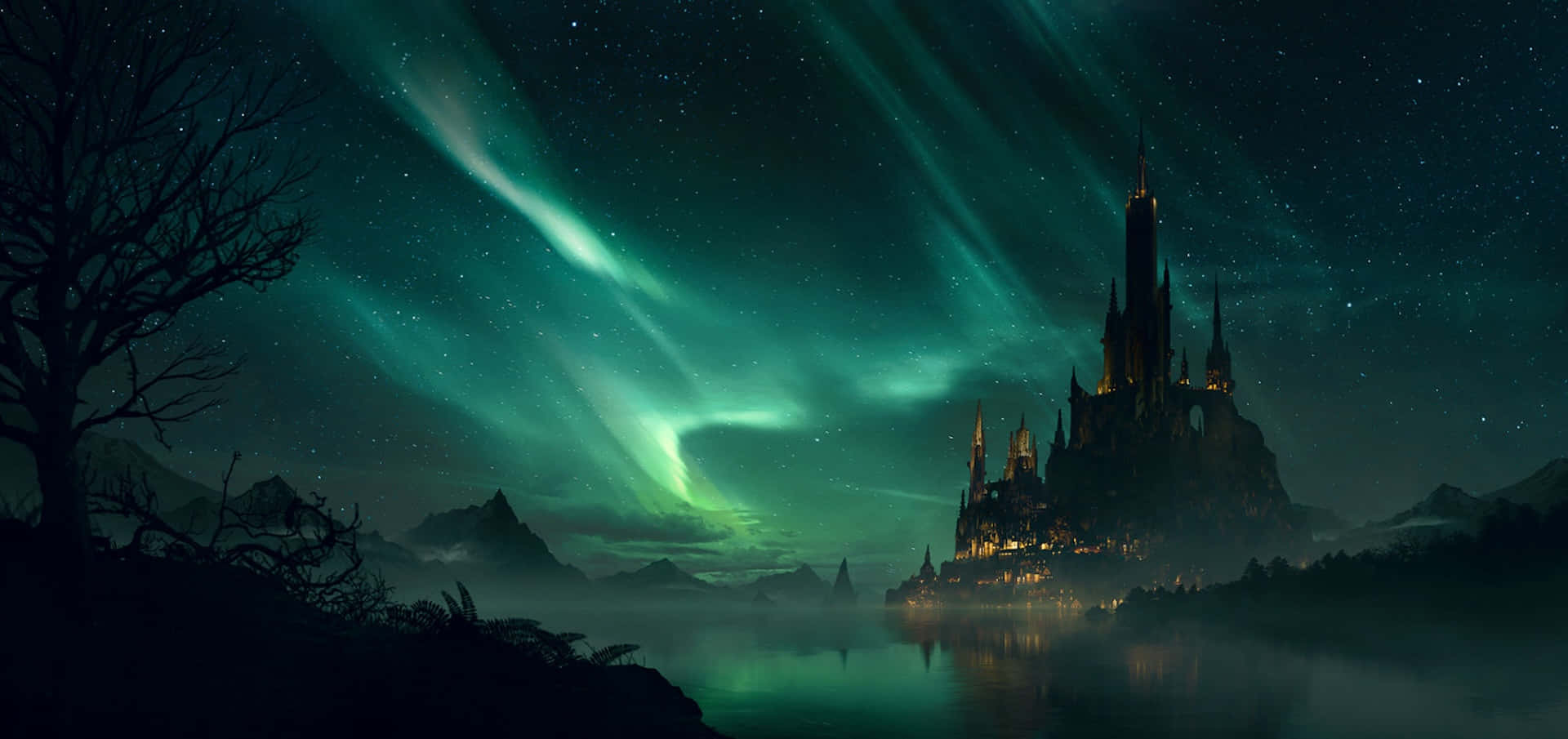 Enchanted_ Castle_ Under_ Northern_ Lights Background
