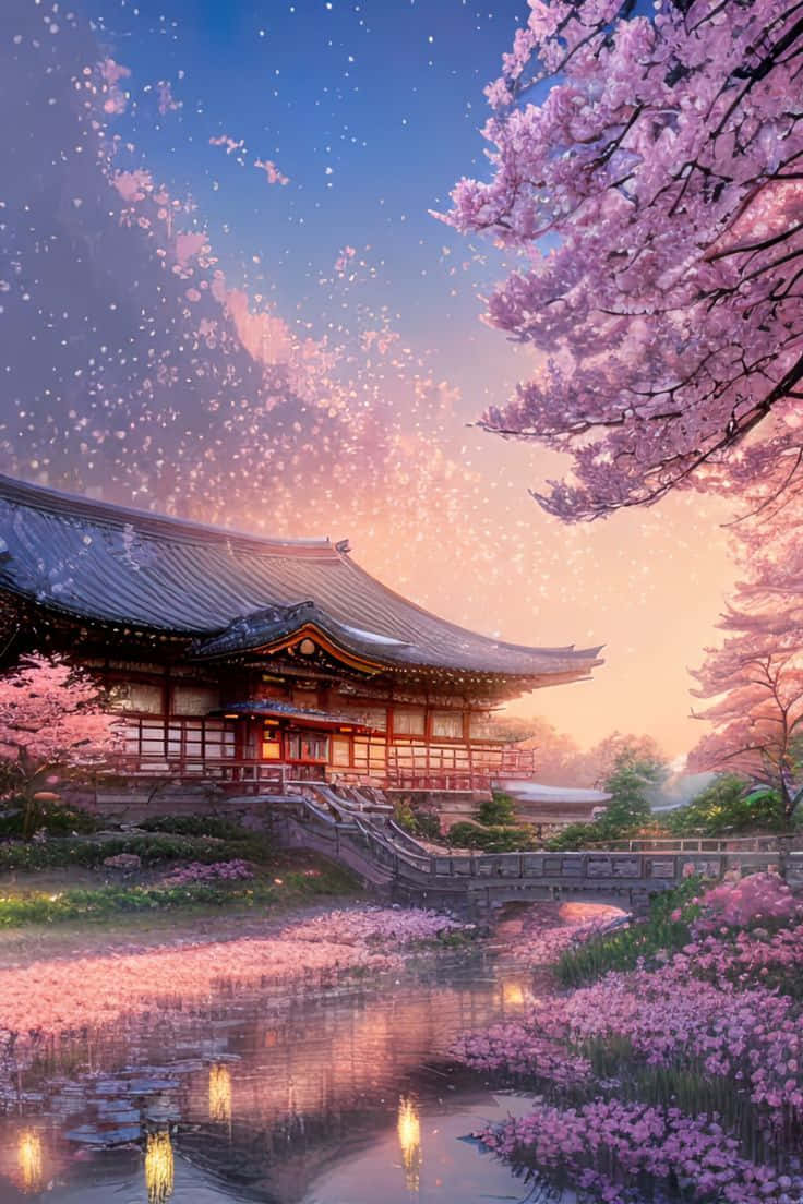 Enchanted_ Cherry_ Blossom_ Temple_i Phone_ Wallpaper Background