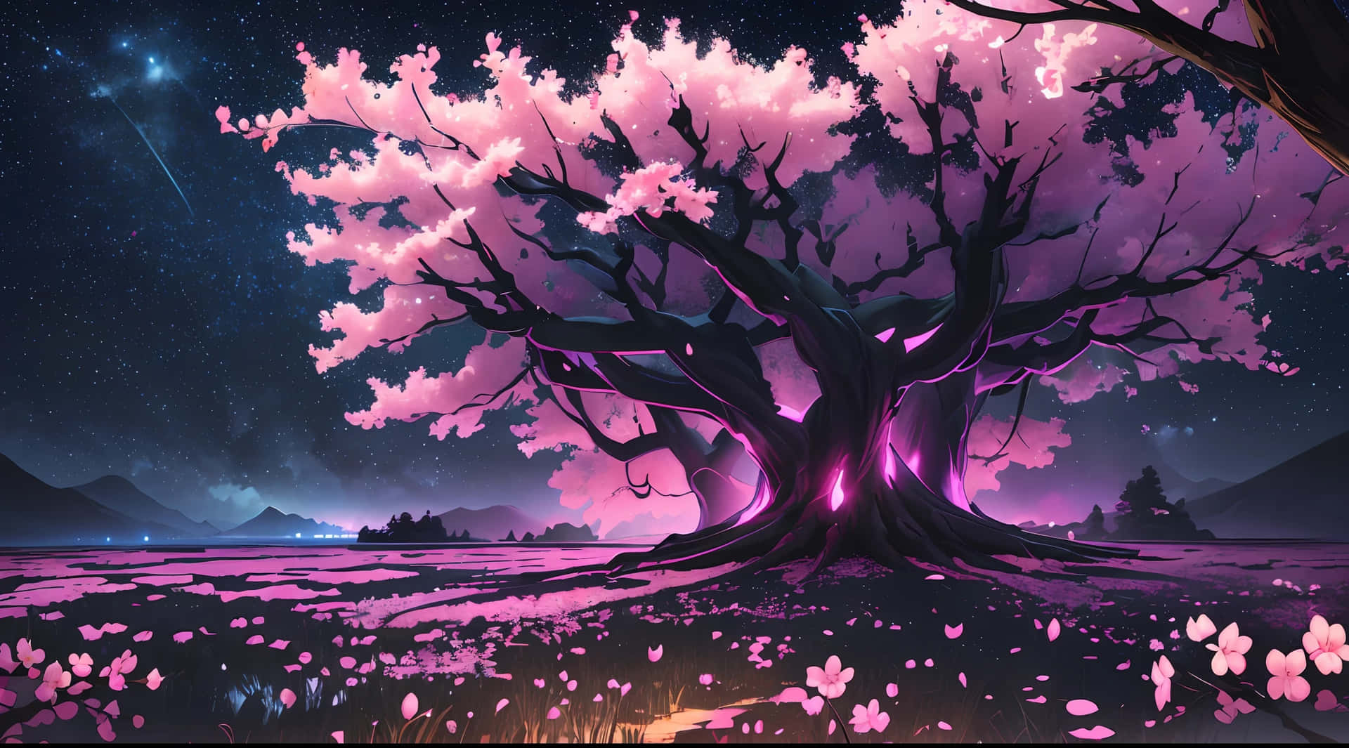 Enchanted Cherry Blossom Treeat Night Background