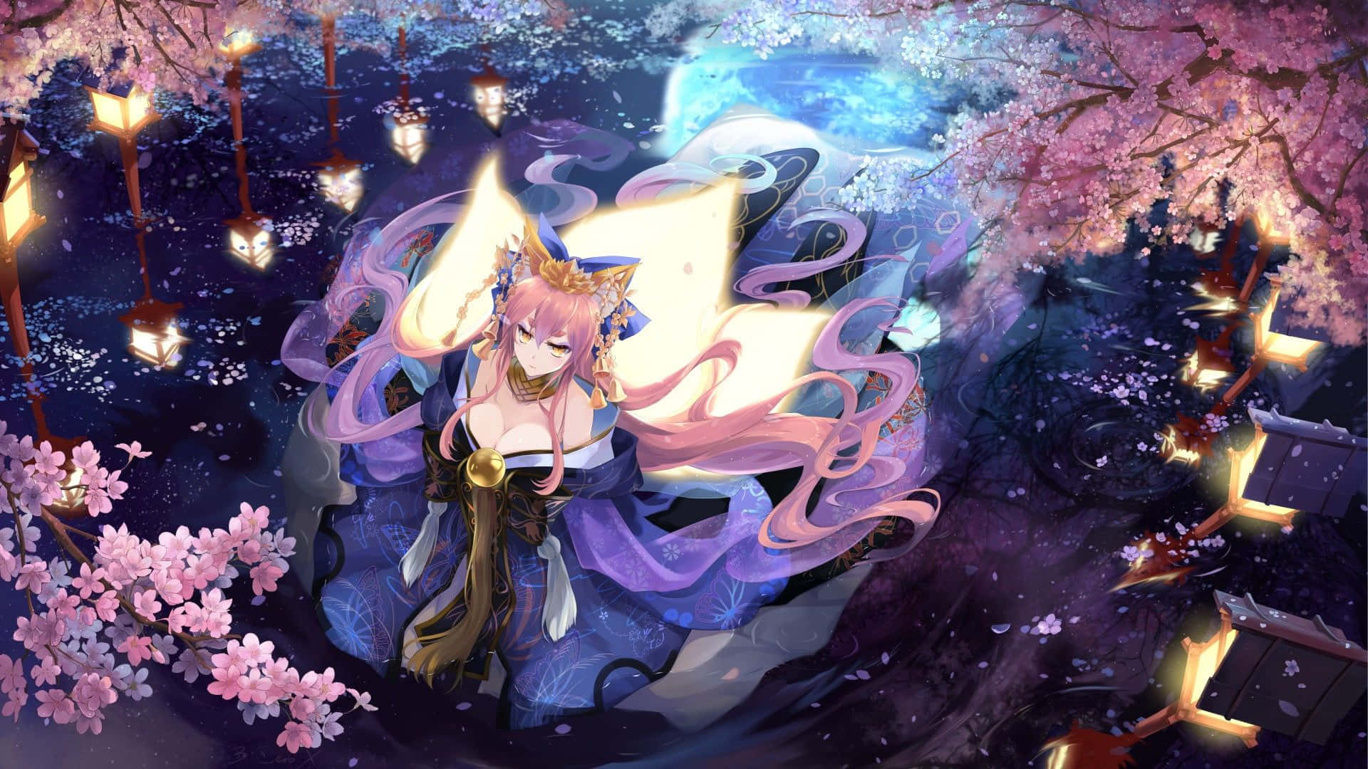 Enchanted Fox Spirit Night Blossoms Background