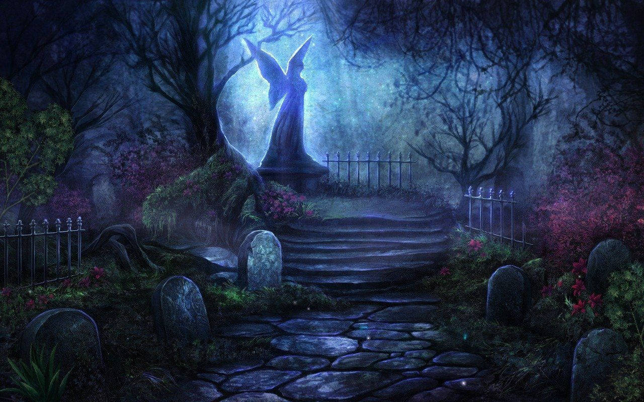 Enchanted Graveyard With Fairy Statue Background