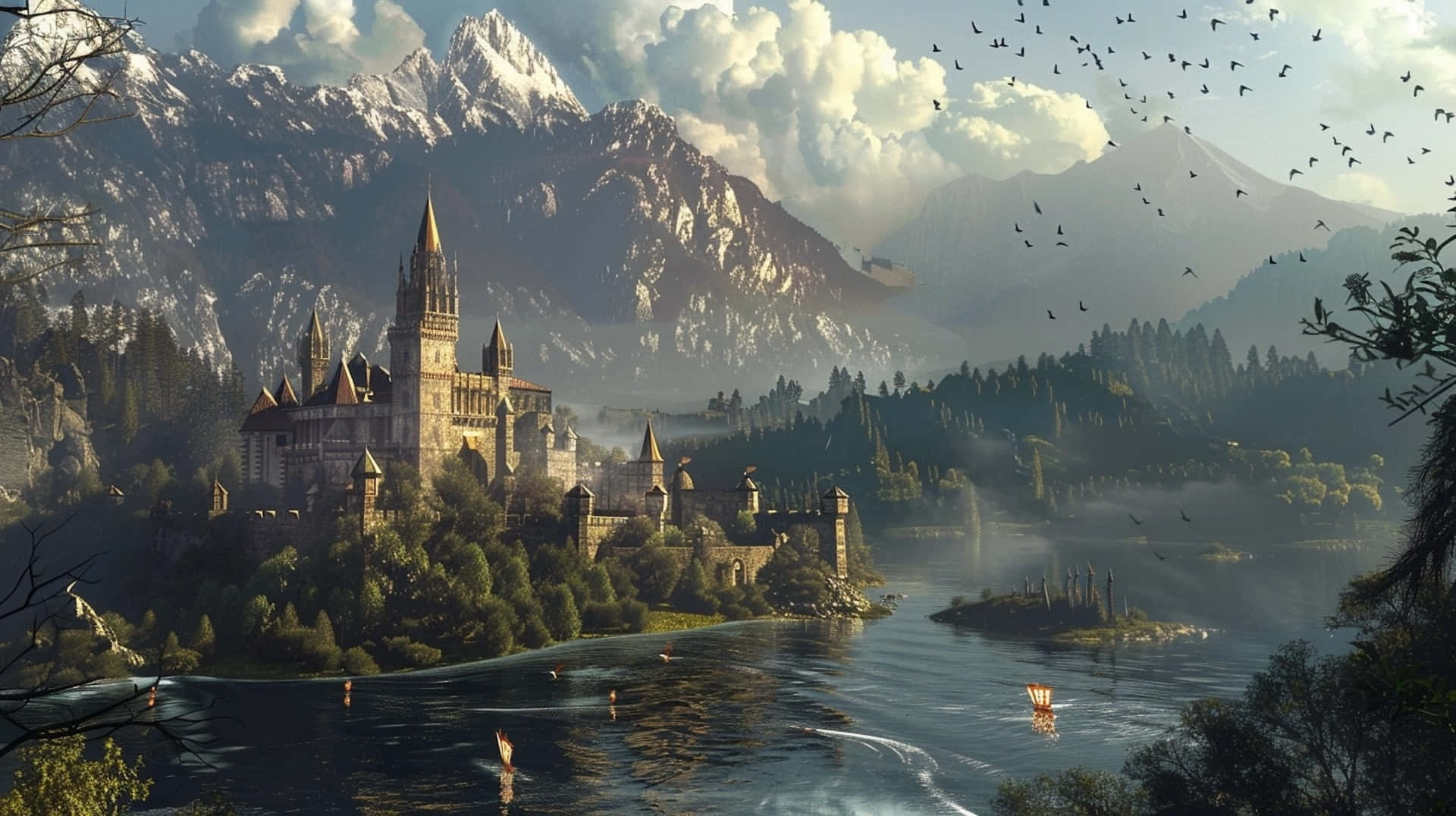Enchanted_ Mountain_ Castle_ Landscape Background