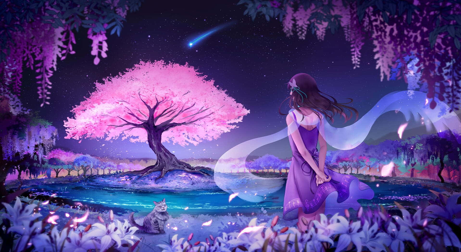 Enchanted_ Night_ Under_ Cherry_ Blossoms_ Anime Background