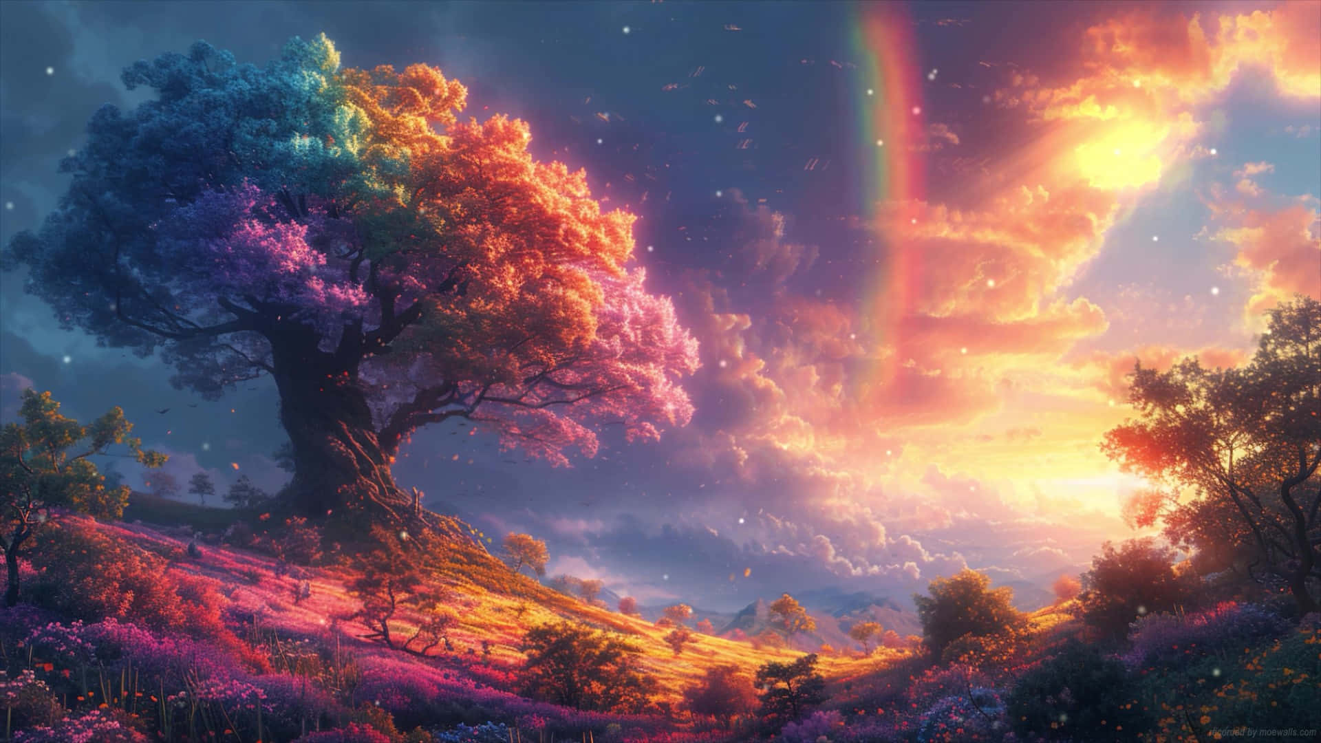 Enchanted Rainbow Tree_ Sunset Landscape Background