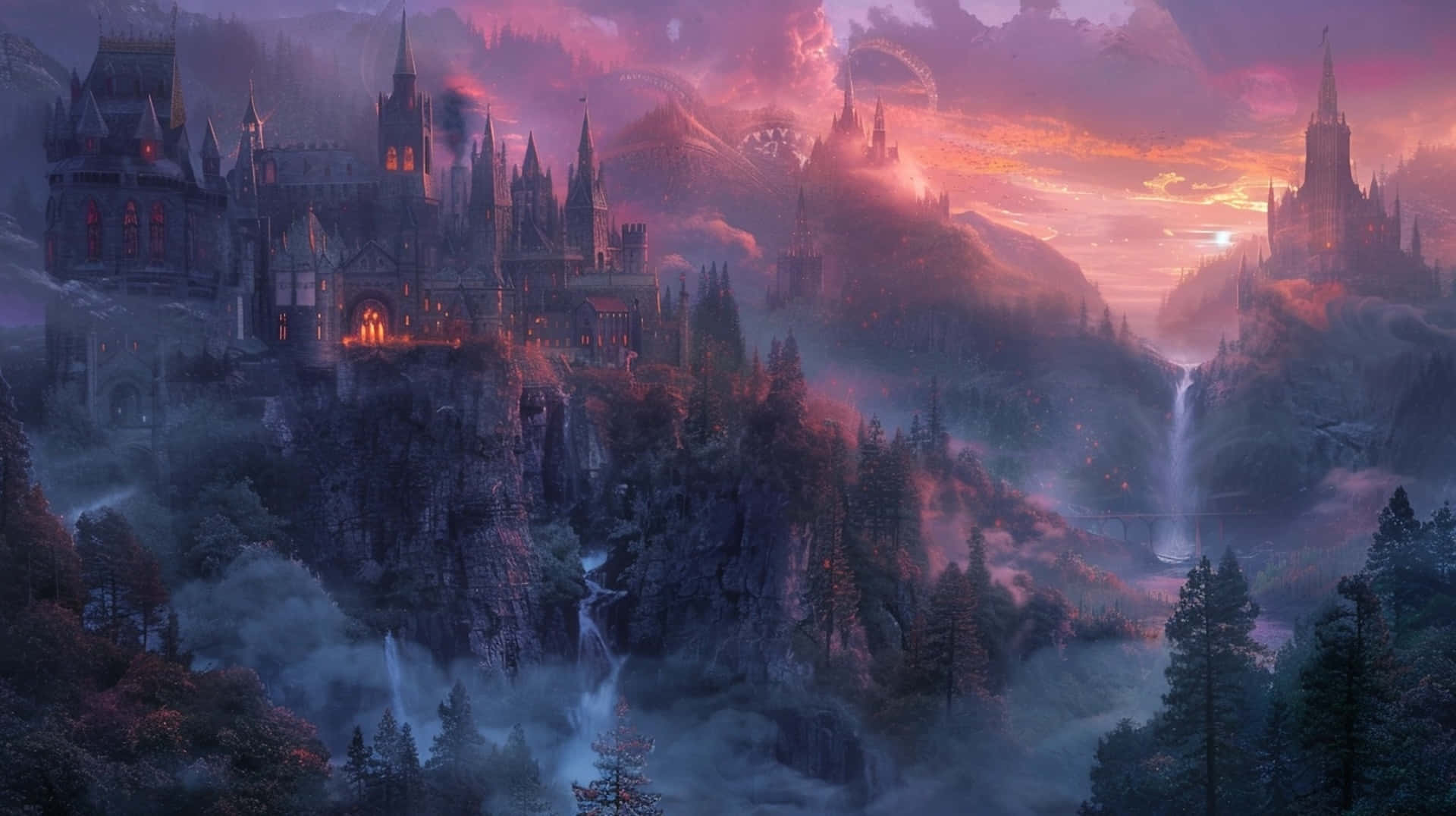 Enchanted_ Sunset_ Castle_ Fantasy_ Landscape Background