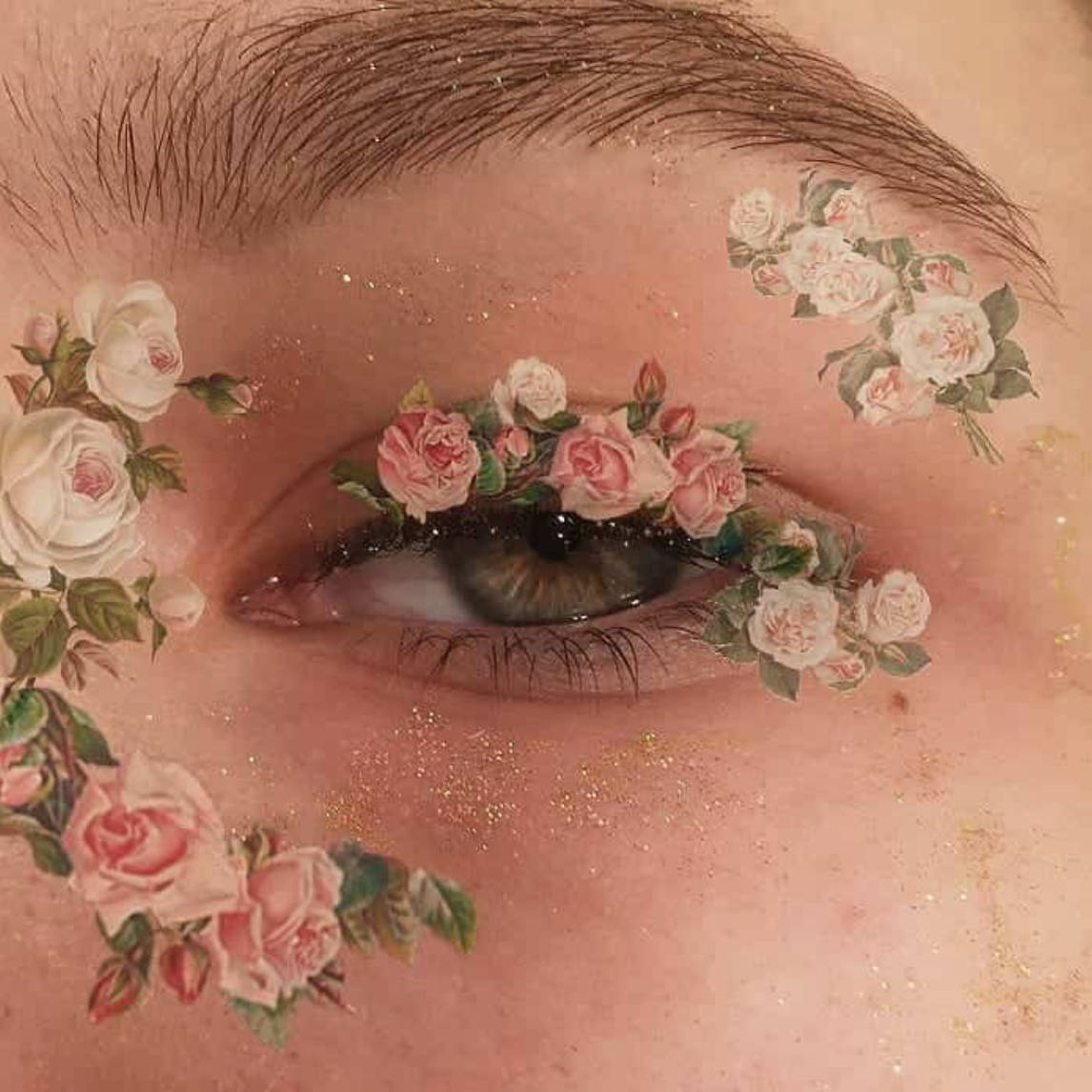 Enchanting Aesthetic Eye Pfp Embellished With Floral Stickers Background