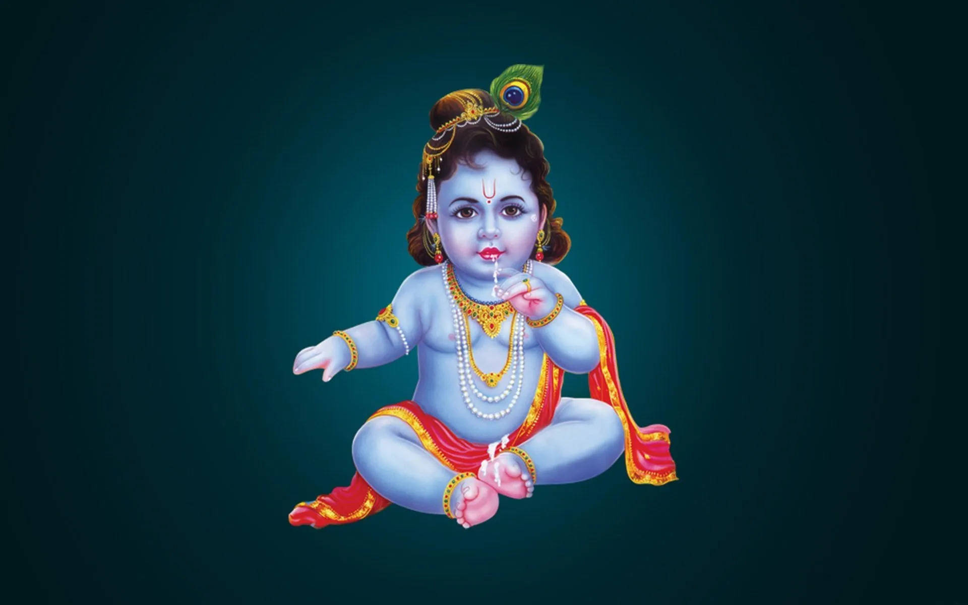 Enchanting Bal Krishna Immersed In Delightful Curd Eating Moment Background