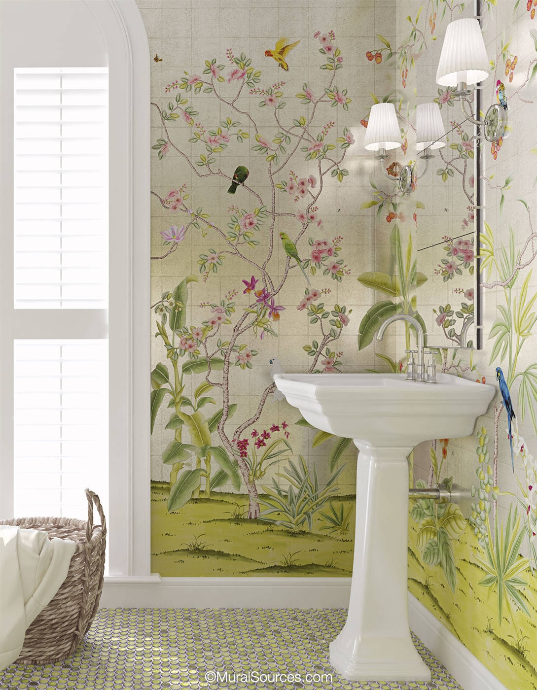 Enchanting Garden Mural In A Modern Bathroom Background