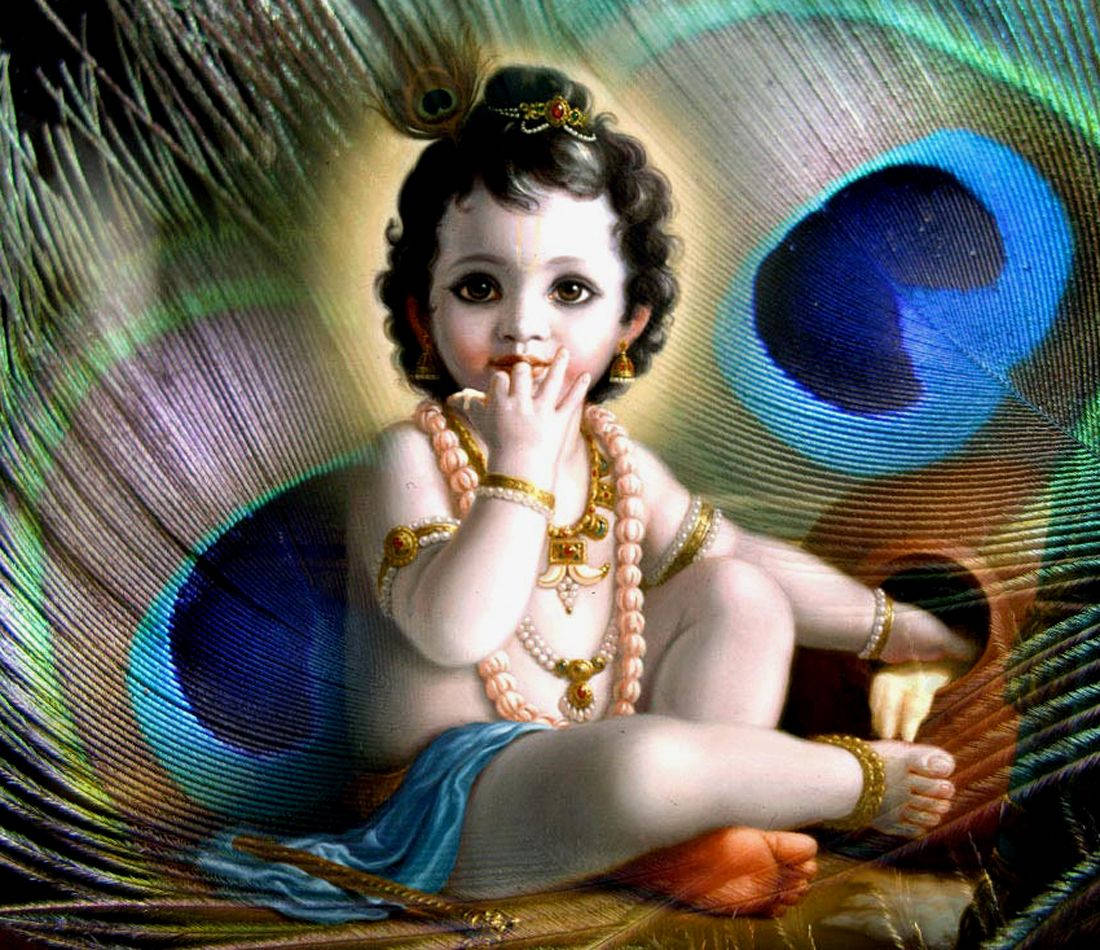 Enchanting Little Krishna In Hd - Adorned With Green And Blue Peacock Feathers Background