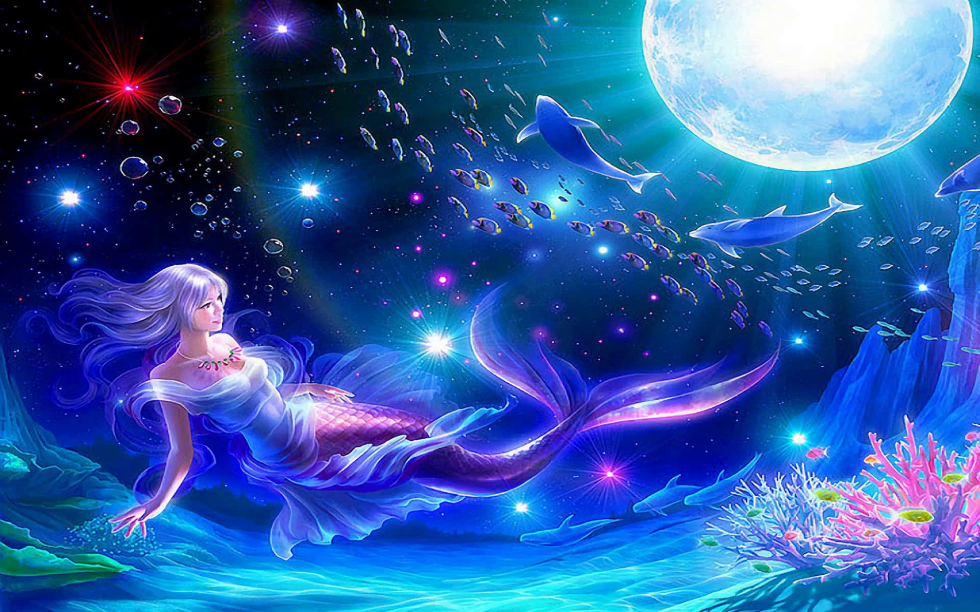 Enchanting Mermaid Swimming As The Moon Shines Background