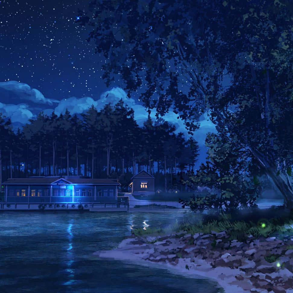 Enchanting Night Landscape In Anime-style Forest Scenery
