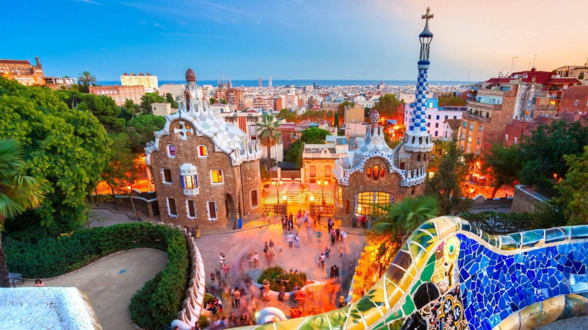 Enchanting Panoramic View Of Park Guell, Barcelona, Spain